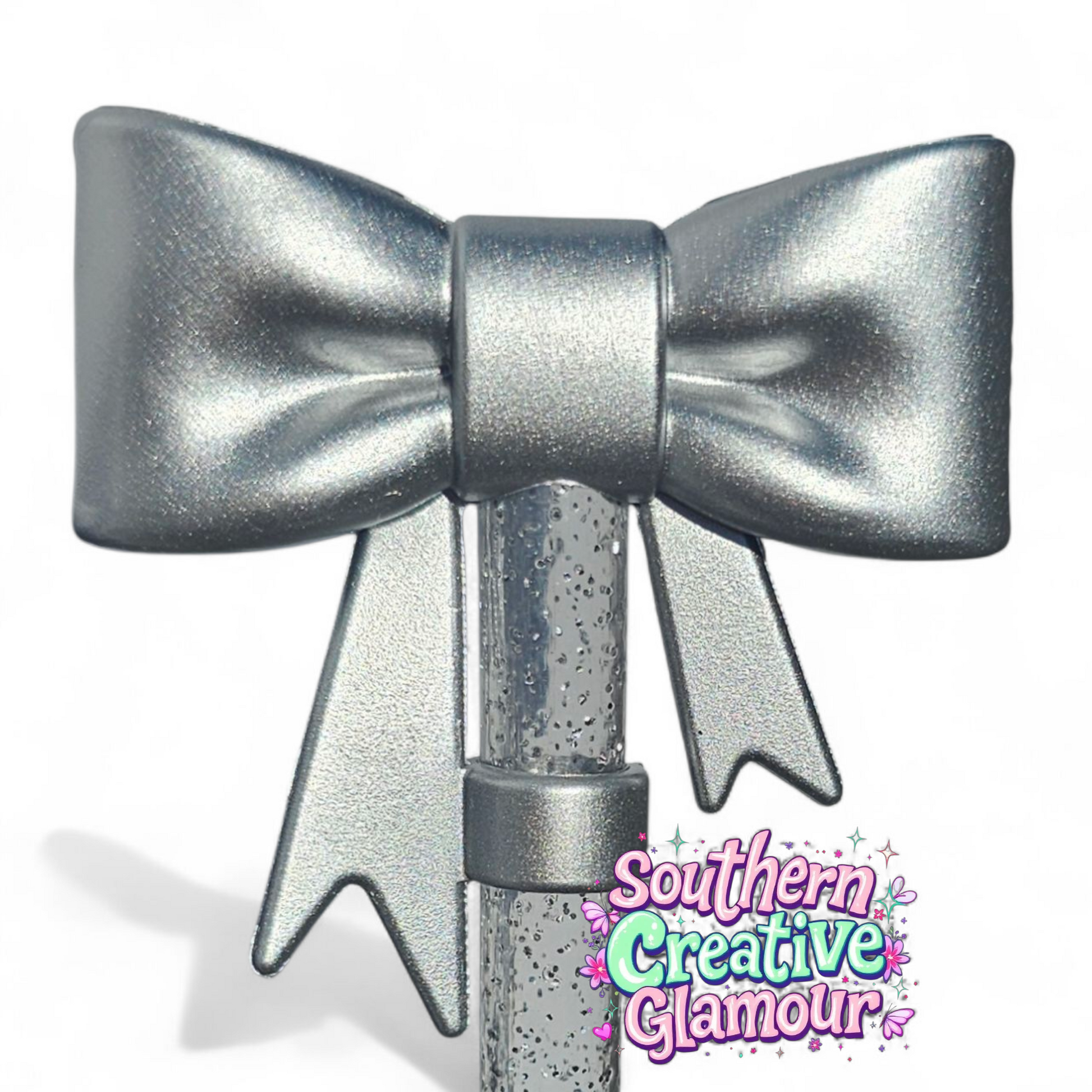 Metallic Silver Shimmer 3D Bow Silicone 10mm Straw Topper by Southern Creative Glamour 