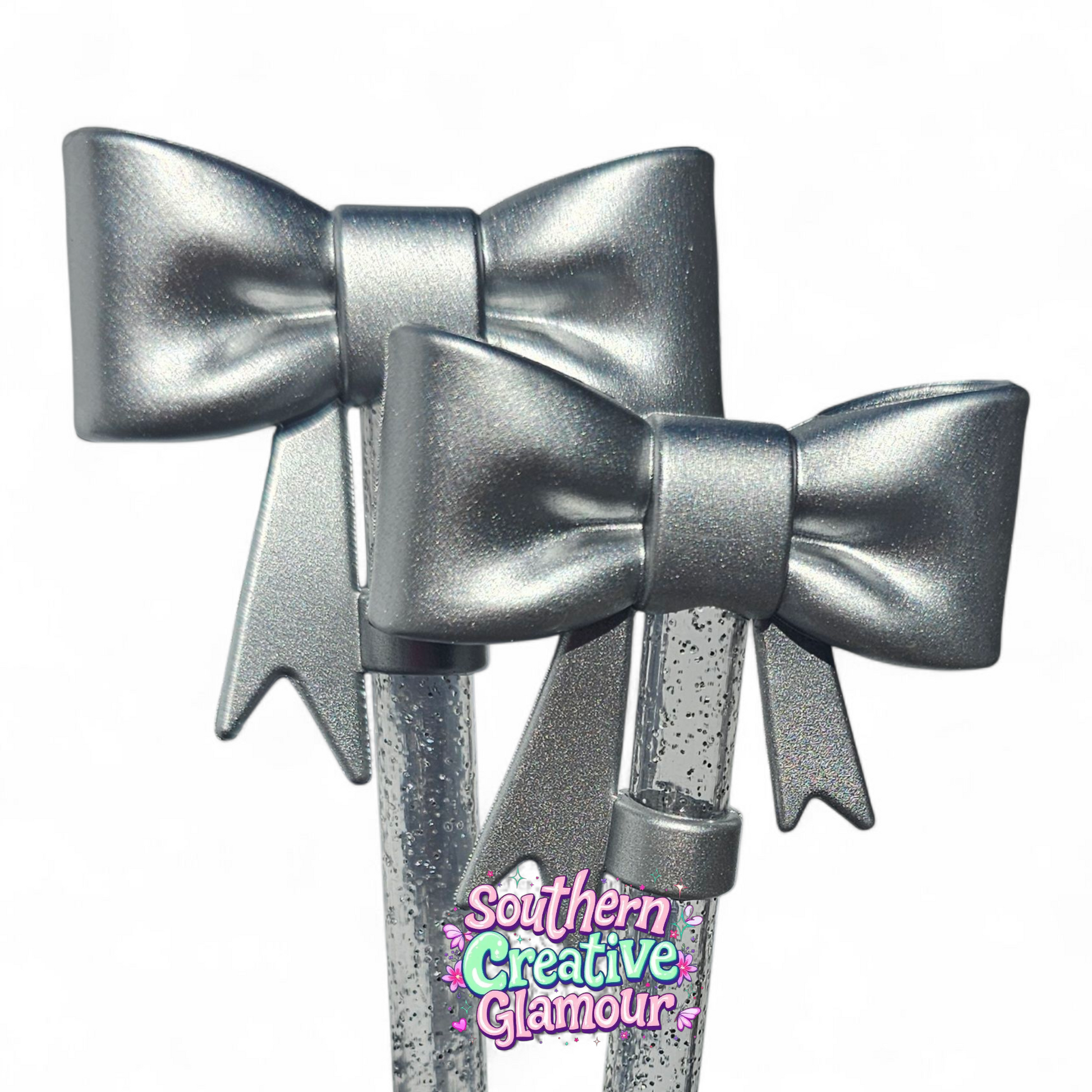 Metallic Silver Shimmer 3D Bow Silicone 10mm Straw Topper by Southern