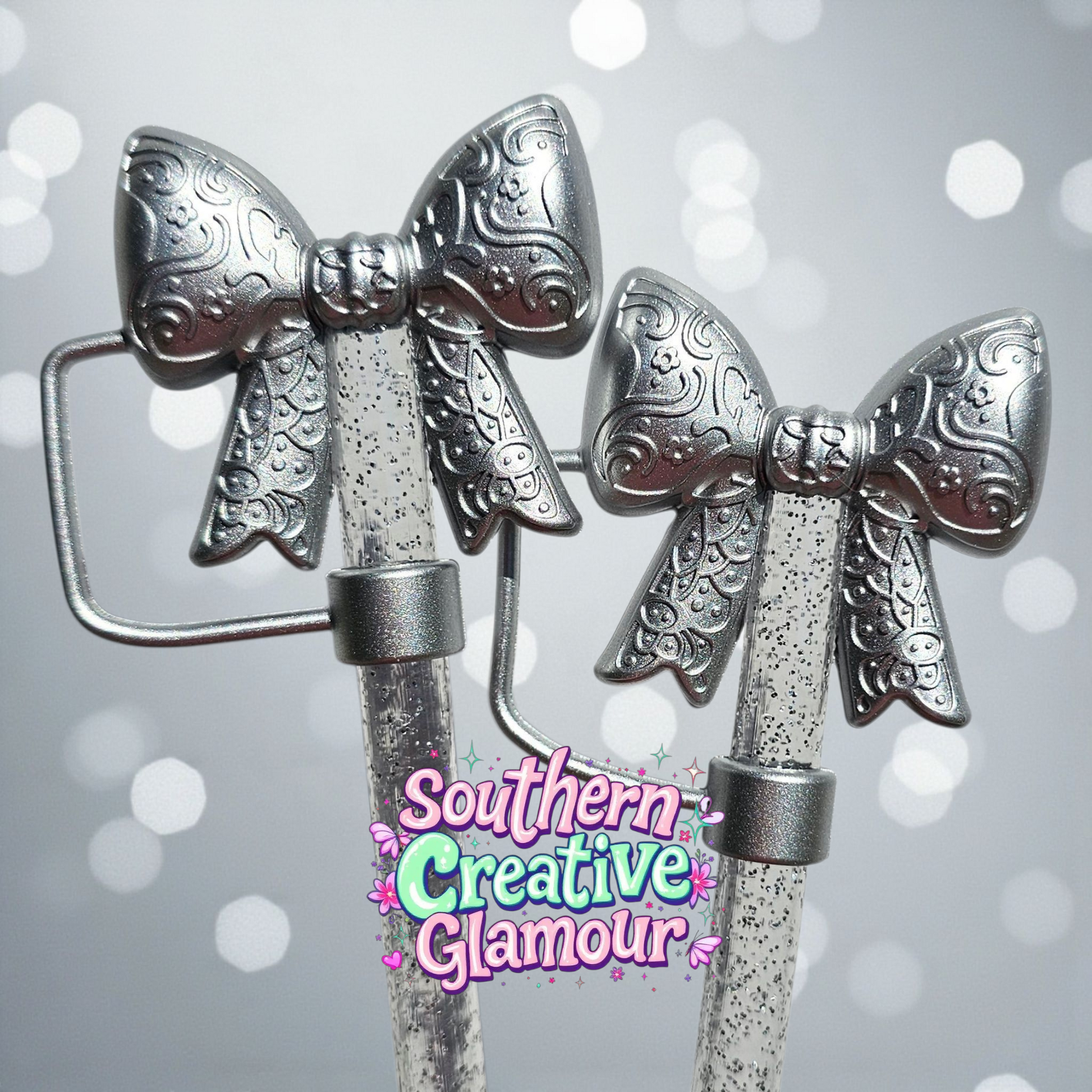 Metallic Silver Shimmer Paisley 3D Bow Silicone 10mm Straw Topper | Straw Cover by Southern Creative Glamour 