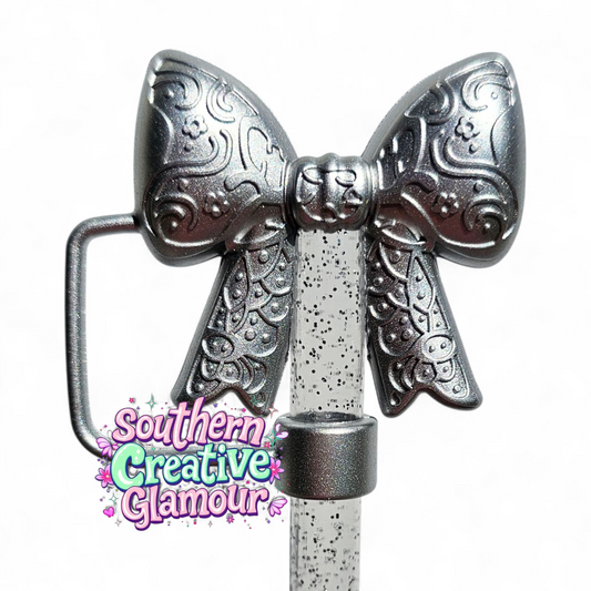 Metallic Silver Shimmer Paisley 3D Bow Silicone 10mm Straw Topper | Straw Cover by Southern Creative Glamour 