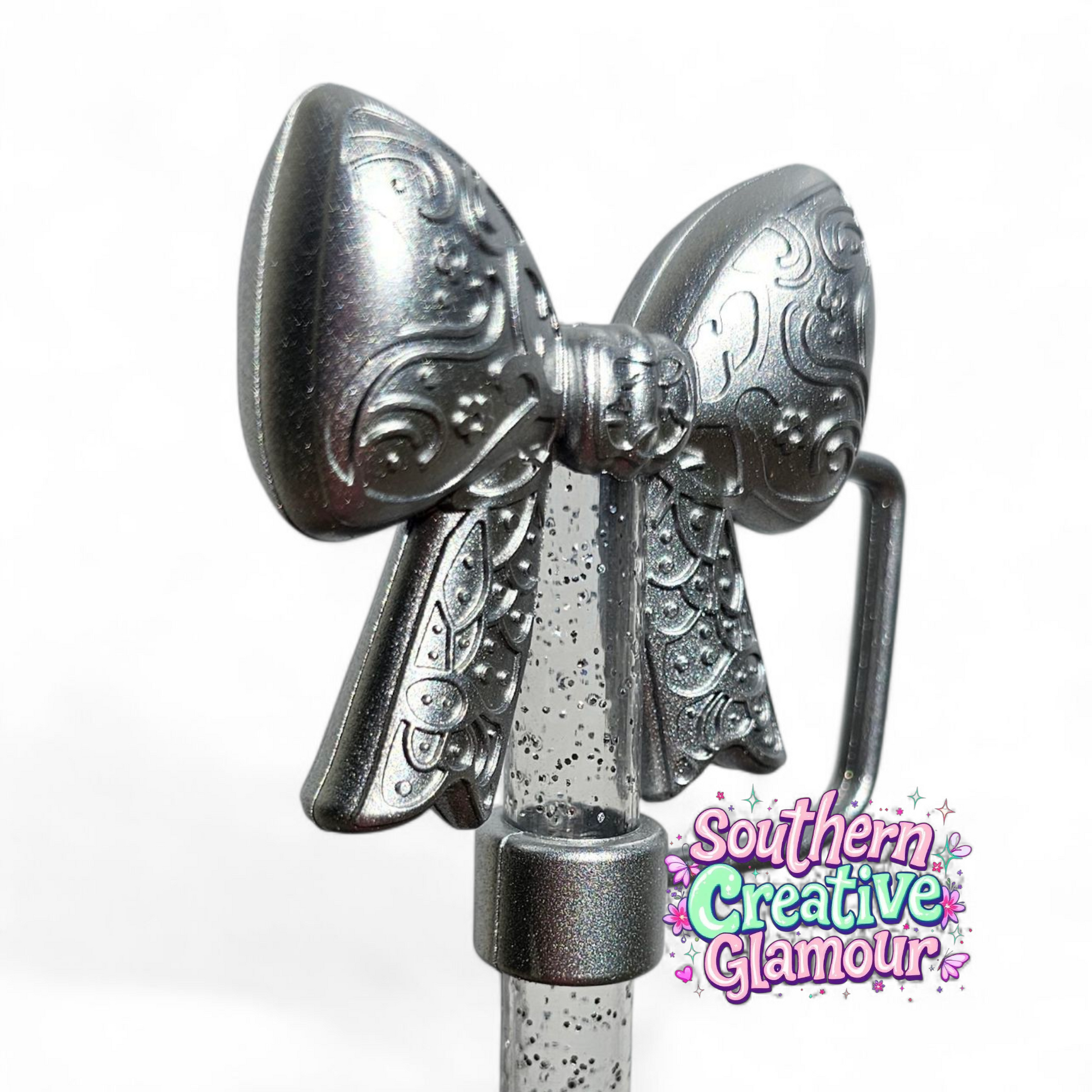 Metallic Silver Shimmer Paisley 3D Bow Silicone 10mm Straw Topper | Straw Cover by Southern Creative Glamour 