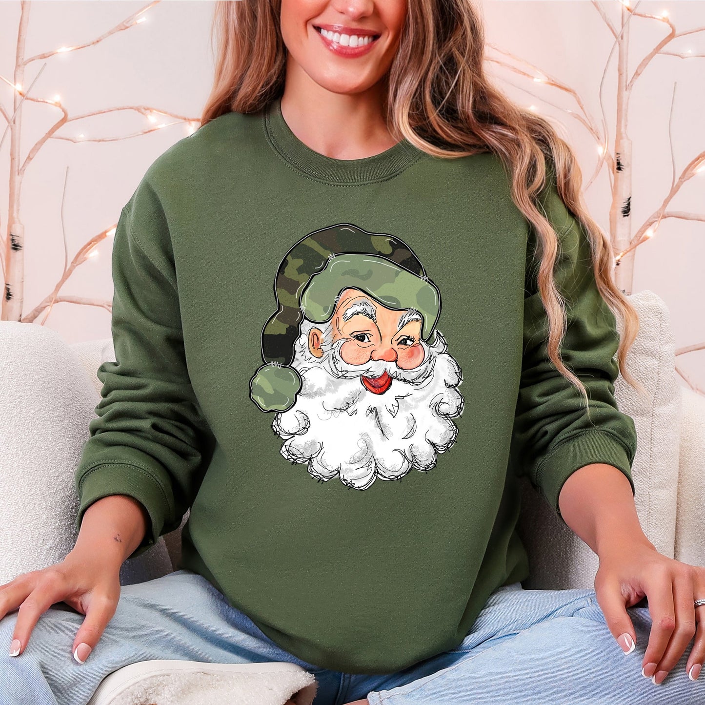 Military green Retro Santa Christmas sweatshirt in cream with green camo hat — cute holiday graphic for winter or hunting lovers.