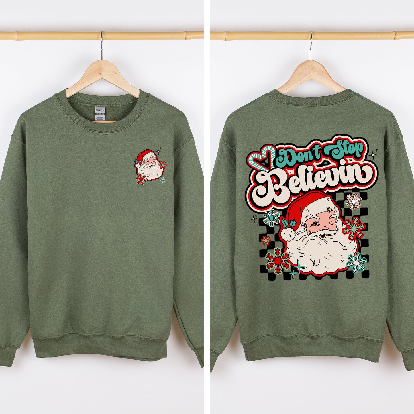 Military green Don't Stop Believin, Santa, Retro, Checkered, Christmas, Front and Back Sweatshirt