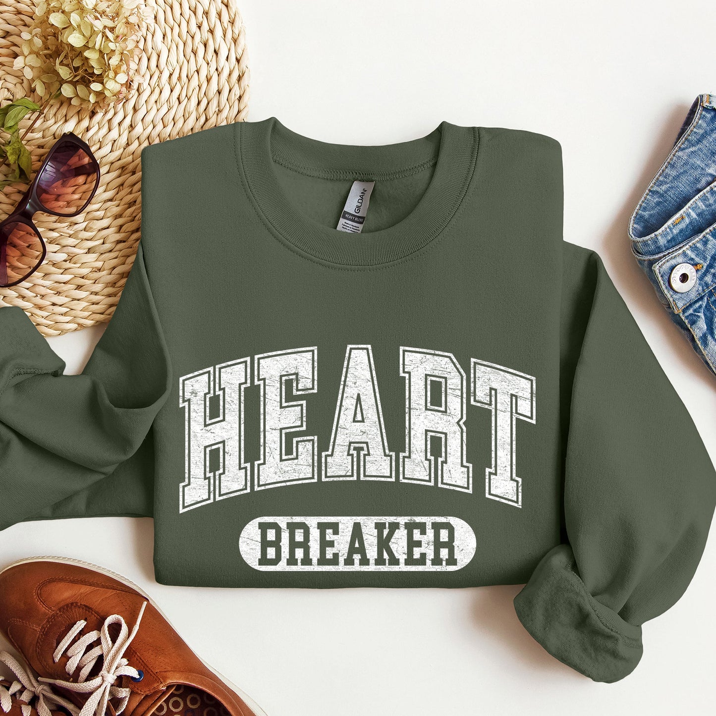 Military green Heart Breaker Crewneck Sweatshirt – Valentine’s Day Graphic Pullover