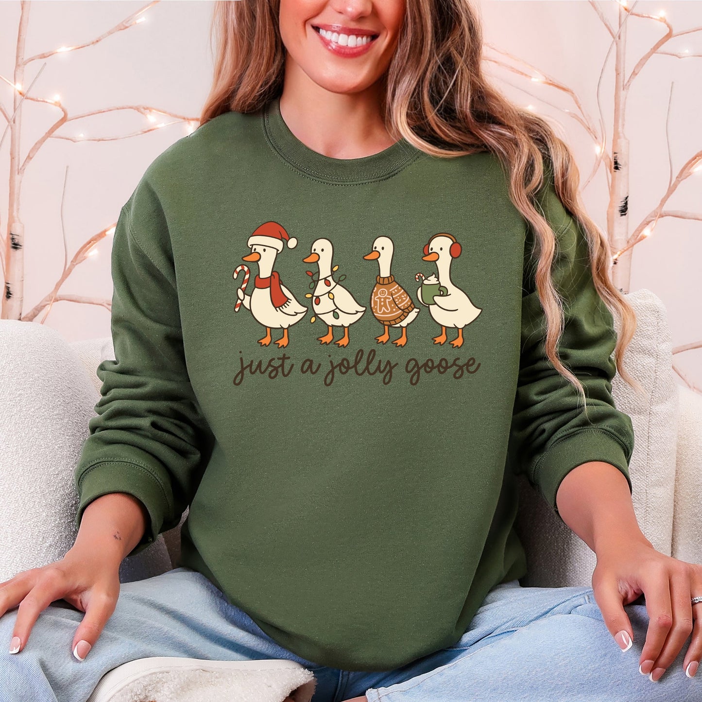 Military green Just A Jolly Goose, Christmas, Santa, Funny Sweatshirt