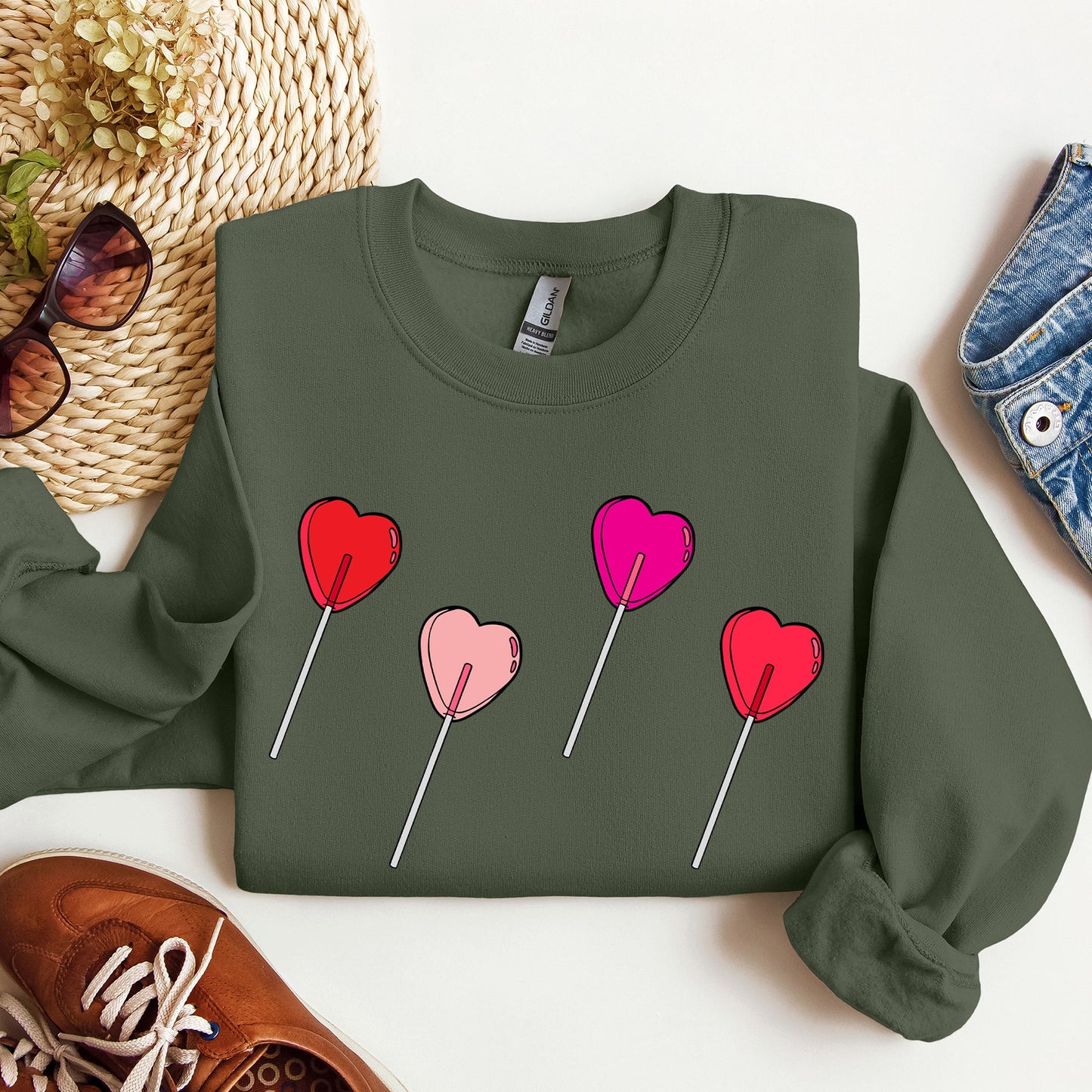 Military Green Lollipop Hearts Valentine's Day Sweatshirt 