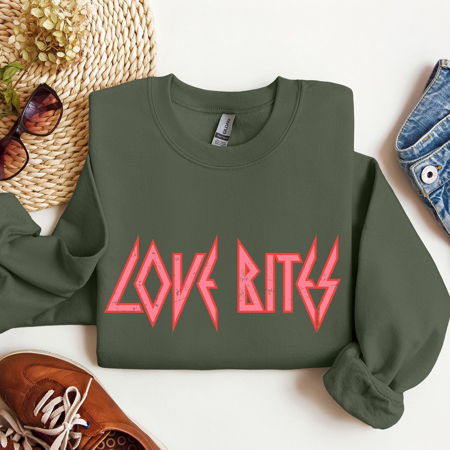 Military green Love Bites Rock Sweatshirt – Retro 80s Valentine’s Day Music Lover Crewneck