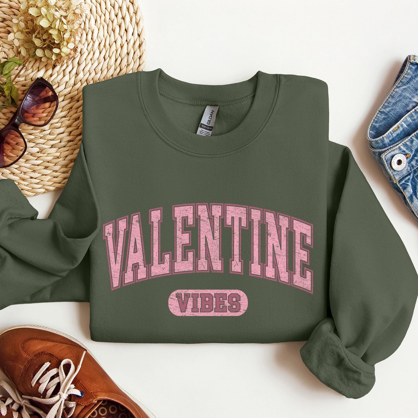 Military green Valentine Vibes College Style Sweatshirt – Cute Valentine Crewneck
