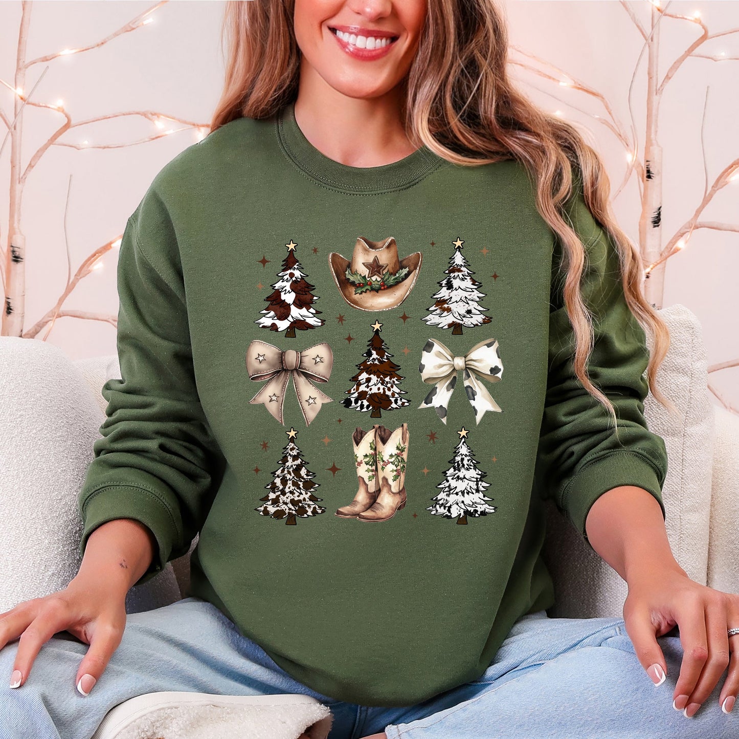 Military green Cowboy Christmas, Western, Christmas Trees, Cowboy Hat, Boots, Western, Country, Santa Sweatshirt