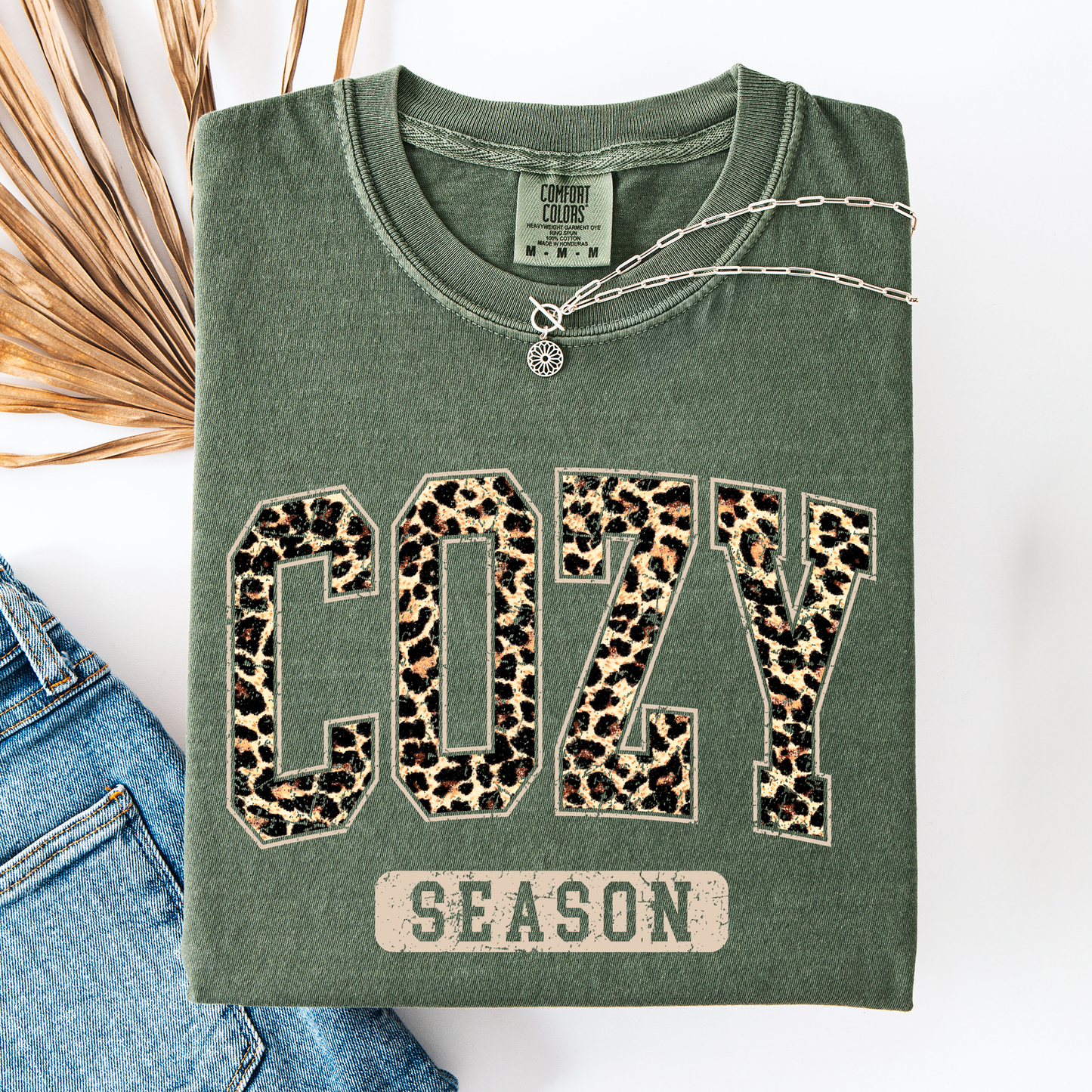 Moss green Cozy Season, Leopard Print, Halloween, Autumn, Fall, Comfort Colors T-Shirt