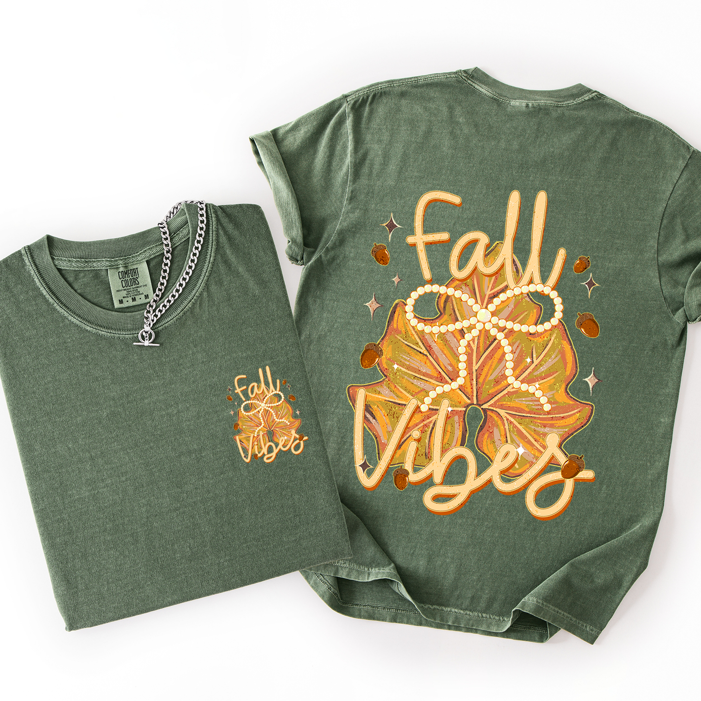 Moss green and orange Fall Vibes, Coquette, Front and Back, Leaves, Autumn, Comfort Colors T-Shirt