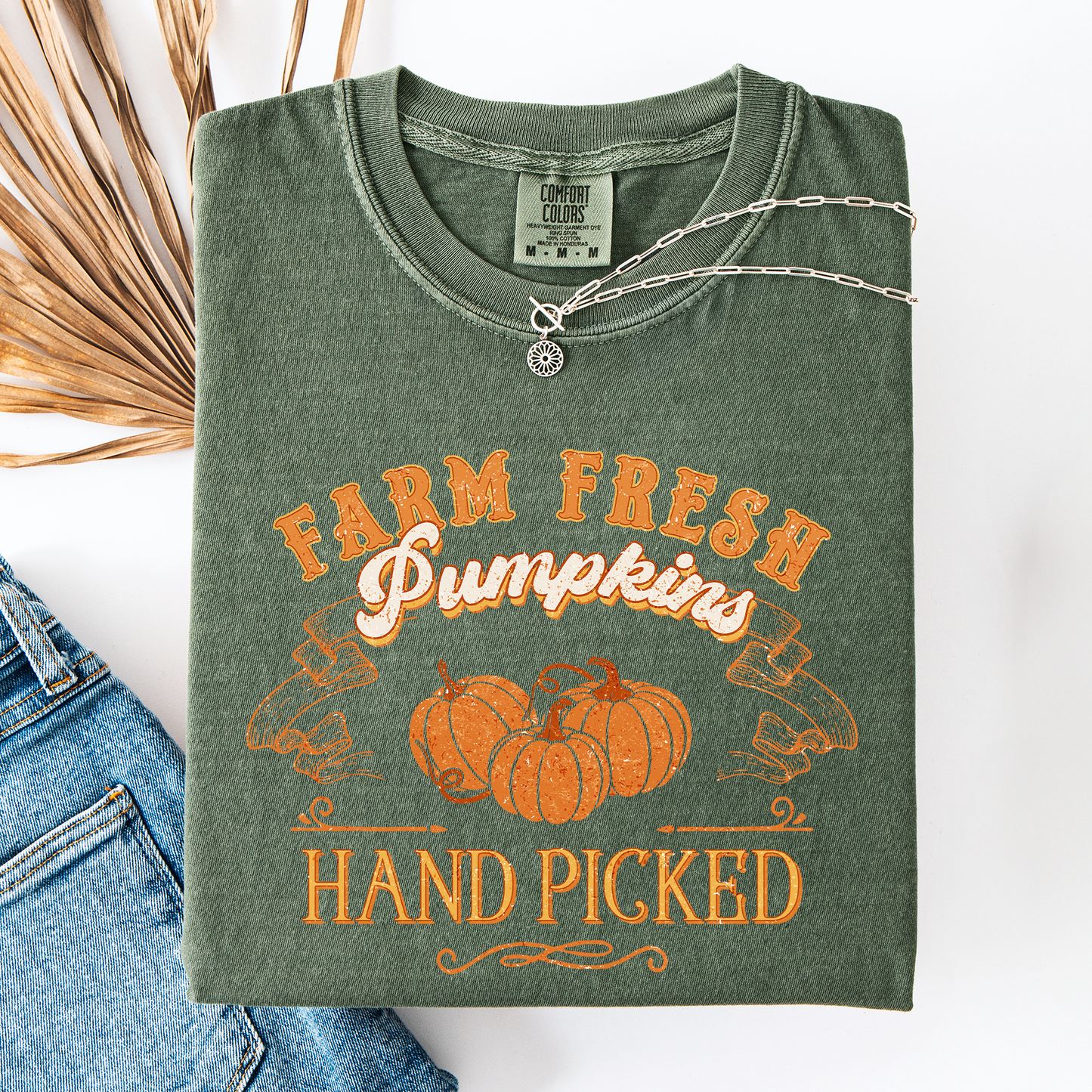 Moss green Farm Fresh Pumpkins, Hand Picked, Halloween, Fall, Autumn, Farm, Comfort Colors T-Shirt