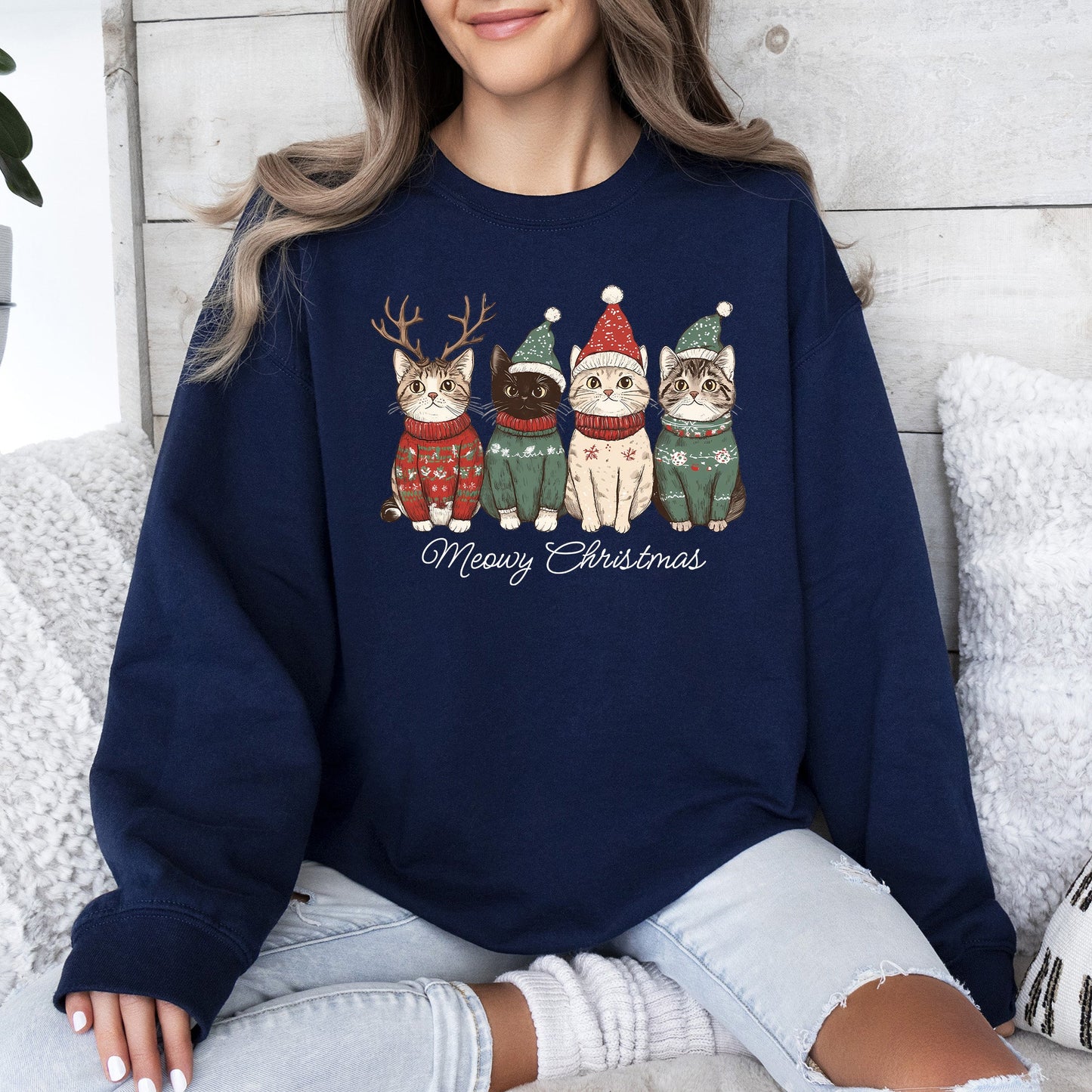 Navy Blue Meowy Christmas, Cats, Cute, Santa, Pets Sweatshirt