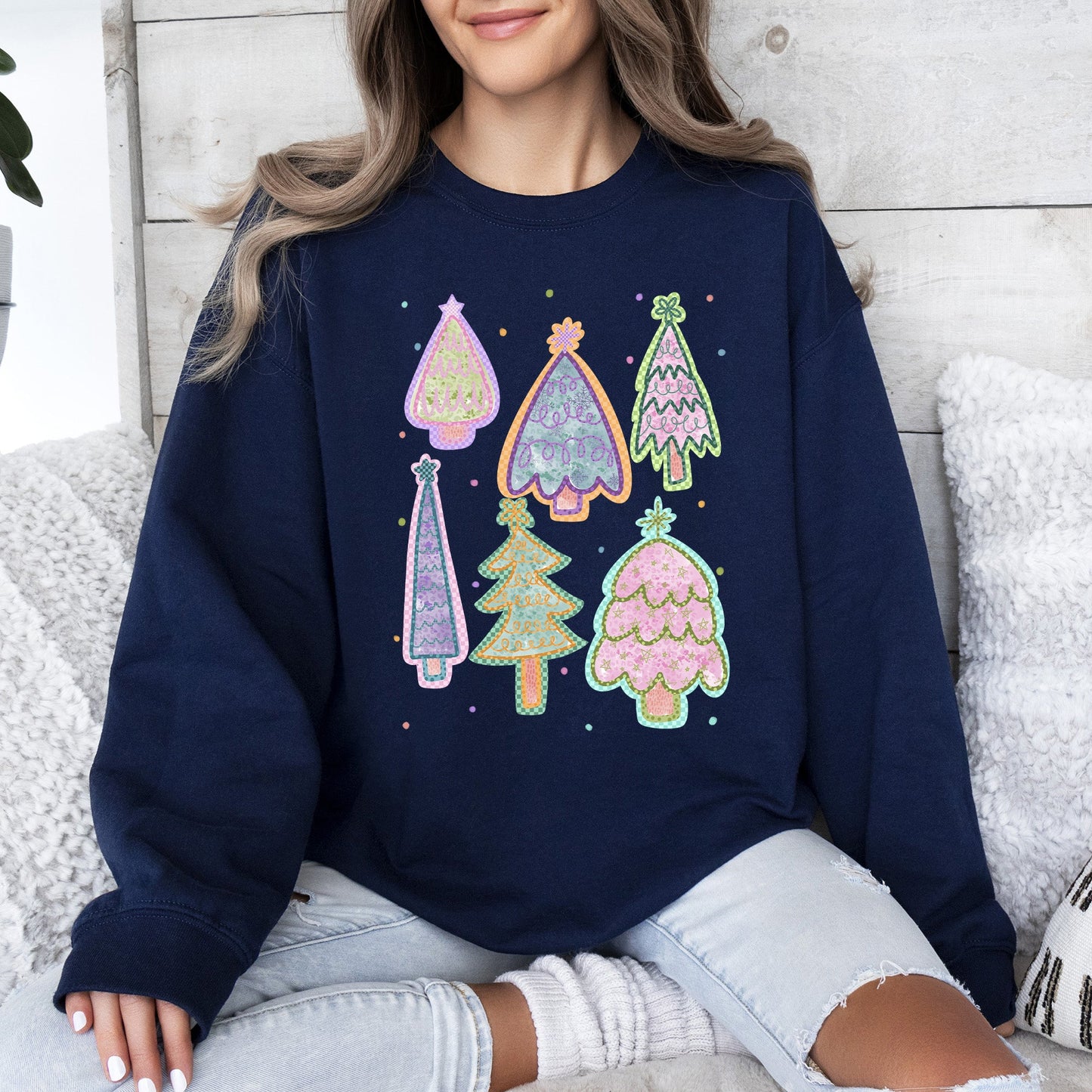 Navy Blue Colorful Christmas Tree, Pastels, Retro, Drawn Sweatshirt
