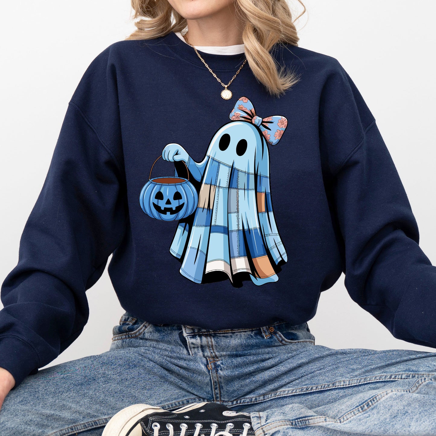 Navy Blue Cute Blue Ghost, Patchwork, Trick or Treat, Witch, Bow, Coquette, Pumpkin, Halloween, Floral, Retro, Spooky, Costume, Fall, Graphic Sweatshirt