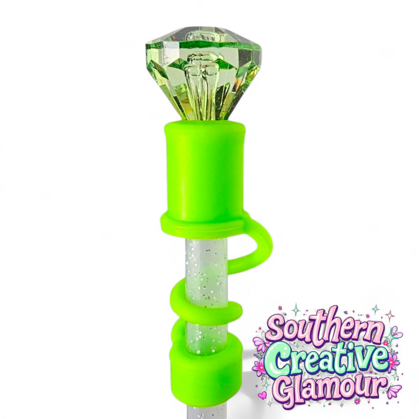 Neon Green Diamond Silicone 10mm Straw Topper | Straw Cover by Southern Creative Glamour 