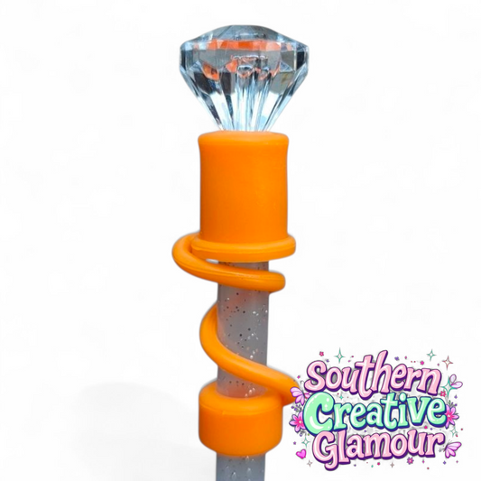 Clear Diamond with Orange Silicone Base Straw Topper | Straw Cover by Southern Creative Glamour 