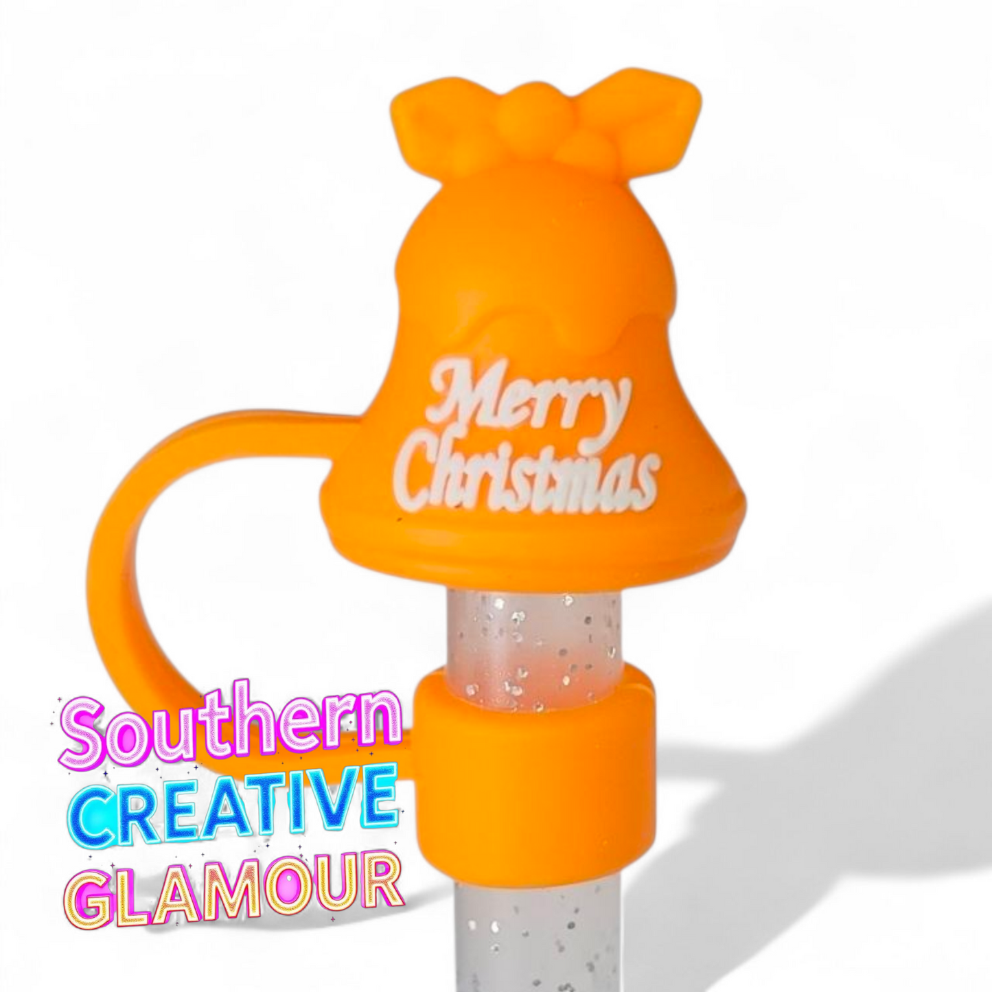 Orange Merry Christmas Jingle Bell 3D Silicone 10mm Straw Topper by Southern Creative Glamour 