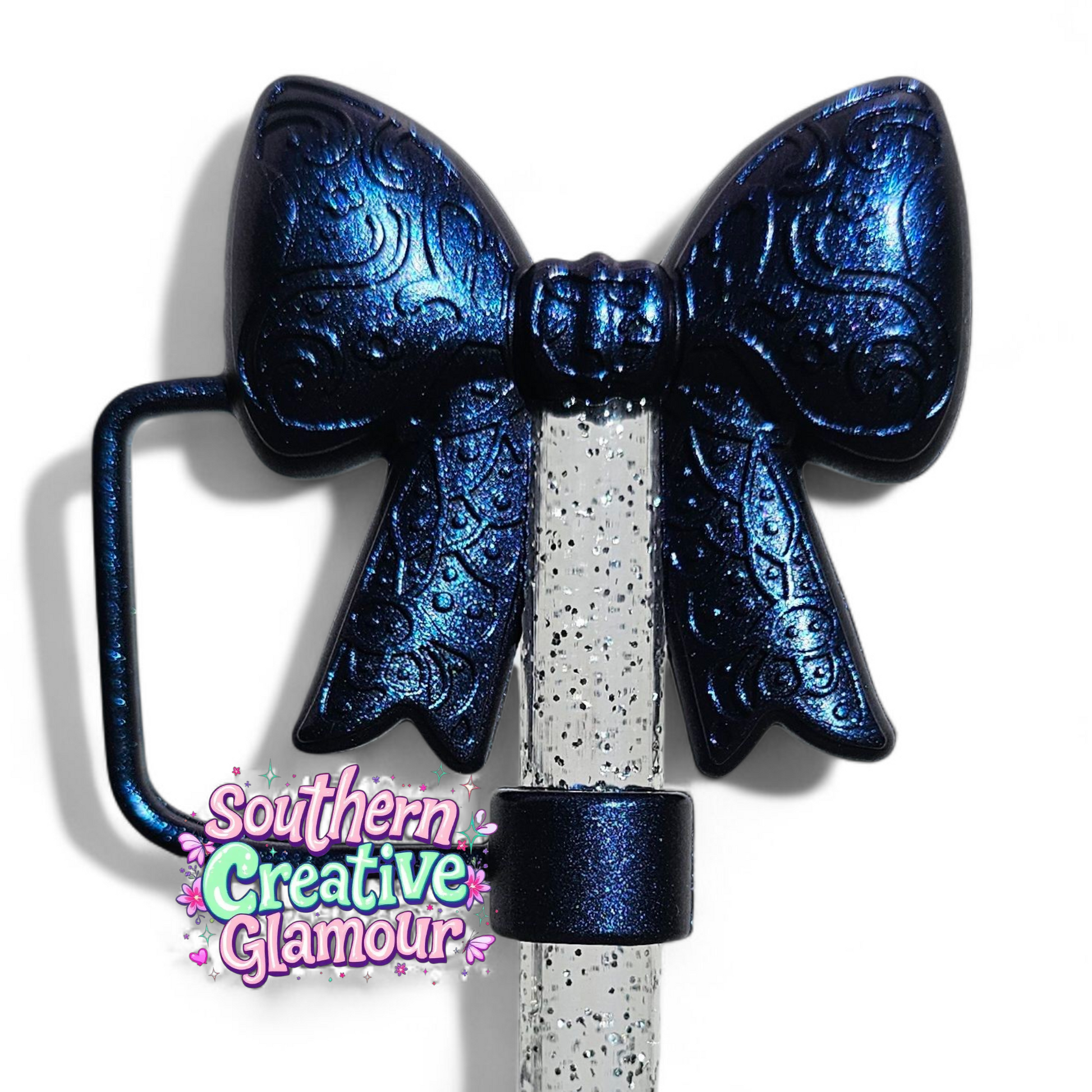 Metallic Blue Shimmer Paisley 3D Bow Silicone 10mm Straw Topper | Straw Cover by Southern Creative Glamour 