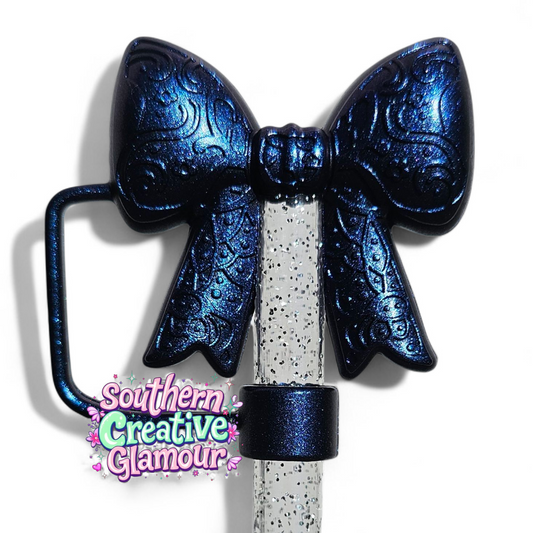 Metallic Blue Shimmer Paisley 3D Bow Silicone 10mm Straw Topper | Straw Cover by Southern Creative Glamour 
