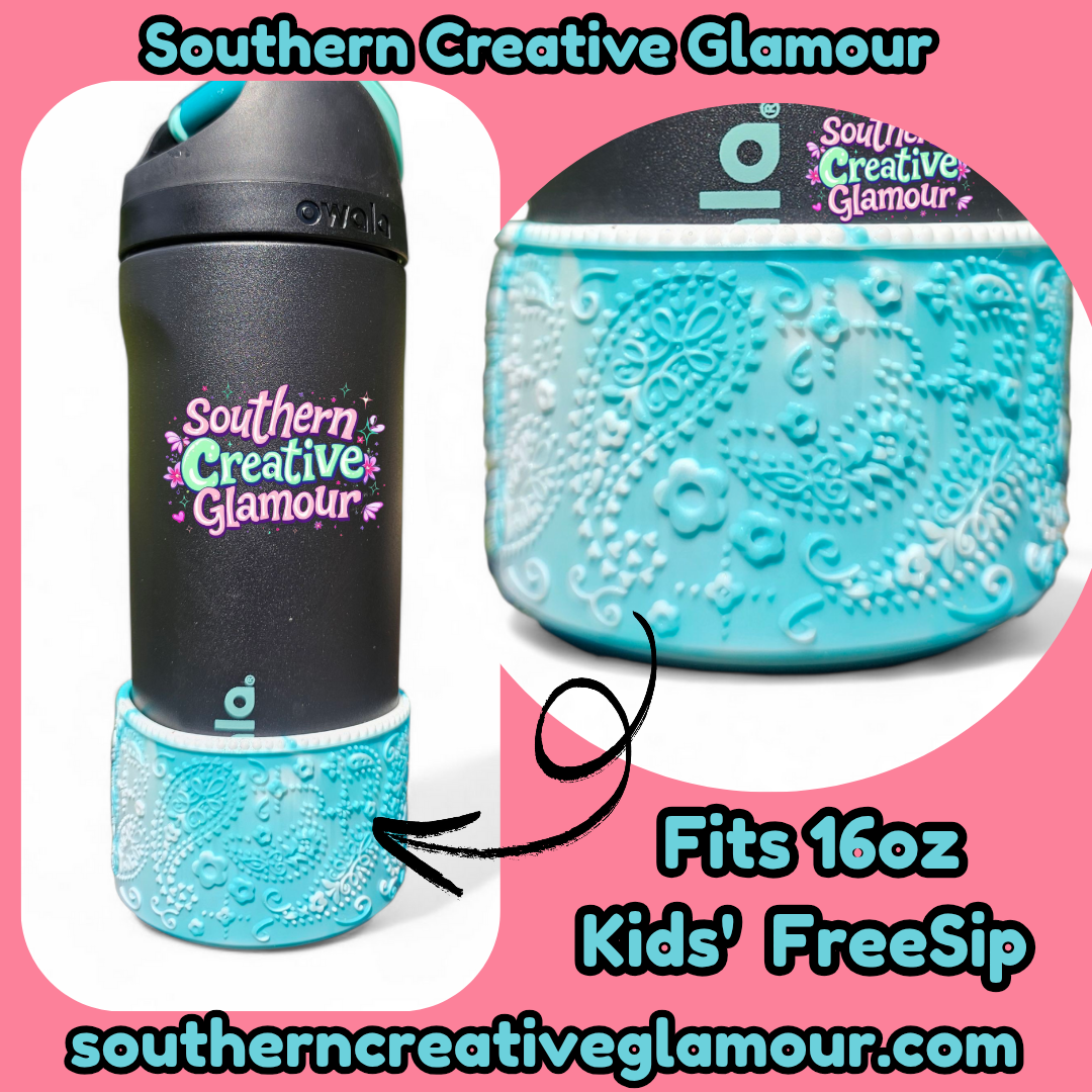 Paisley Silicone Tumbler Boot Owala Kids' FreeSip fit demonstration. 
