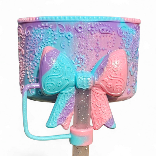 Pastel Swirl Shimmer 3D Pastel Bandana Tumbler Boot and 3D Bow Straw Topper by Southern Creative Glamour 