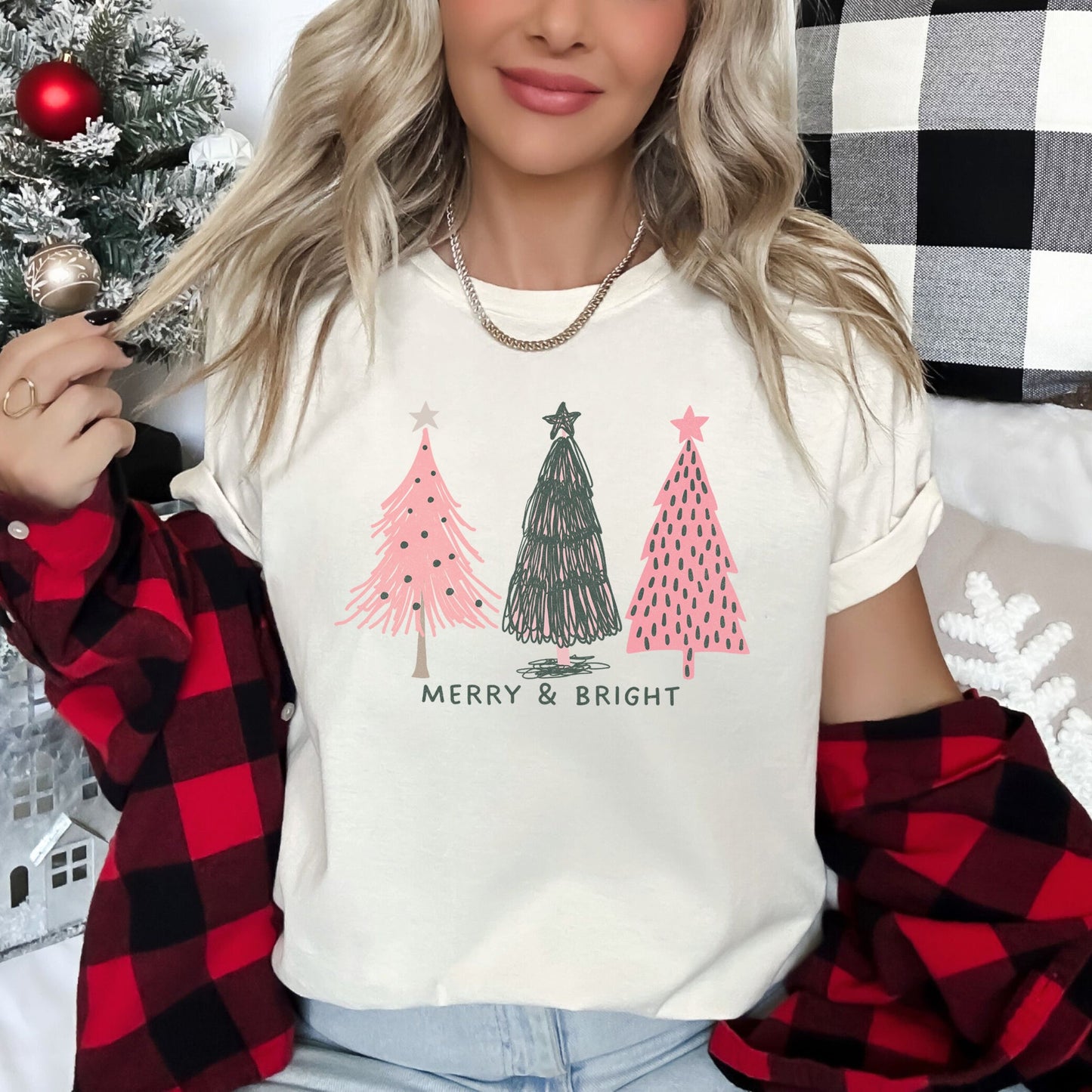 Cream Pastel Christmas Trees, Merry and Bright, Pink and Green Super Soft Tshirt