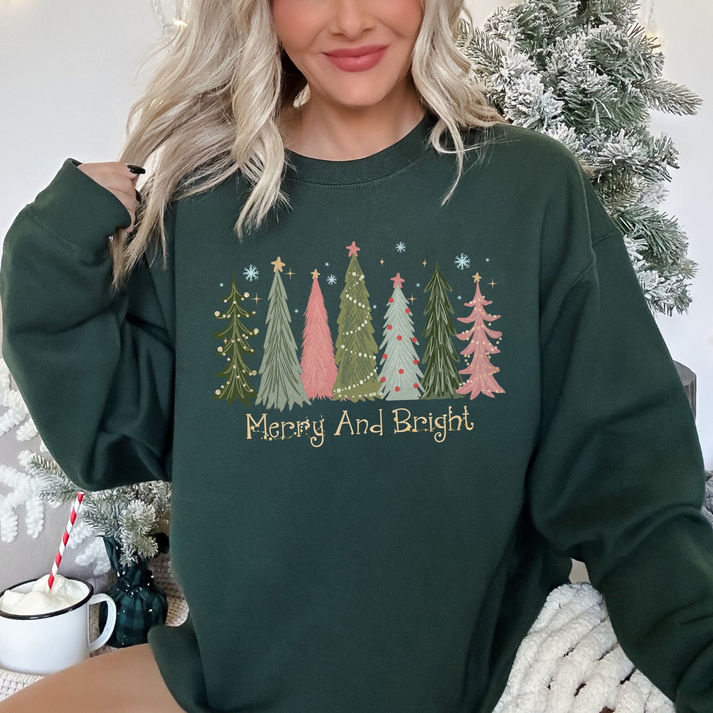 Forest Green Merry and Bright, Christmas Trees Sweatshirt