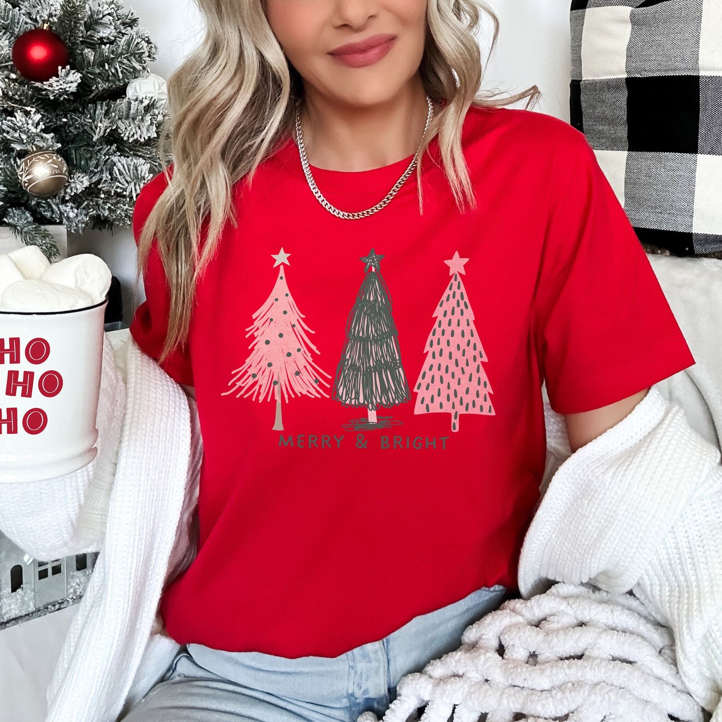Red Pastel Christmas Trees, Merry and Bright, Pink and Green Super Soft Tshirt