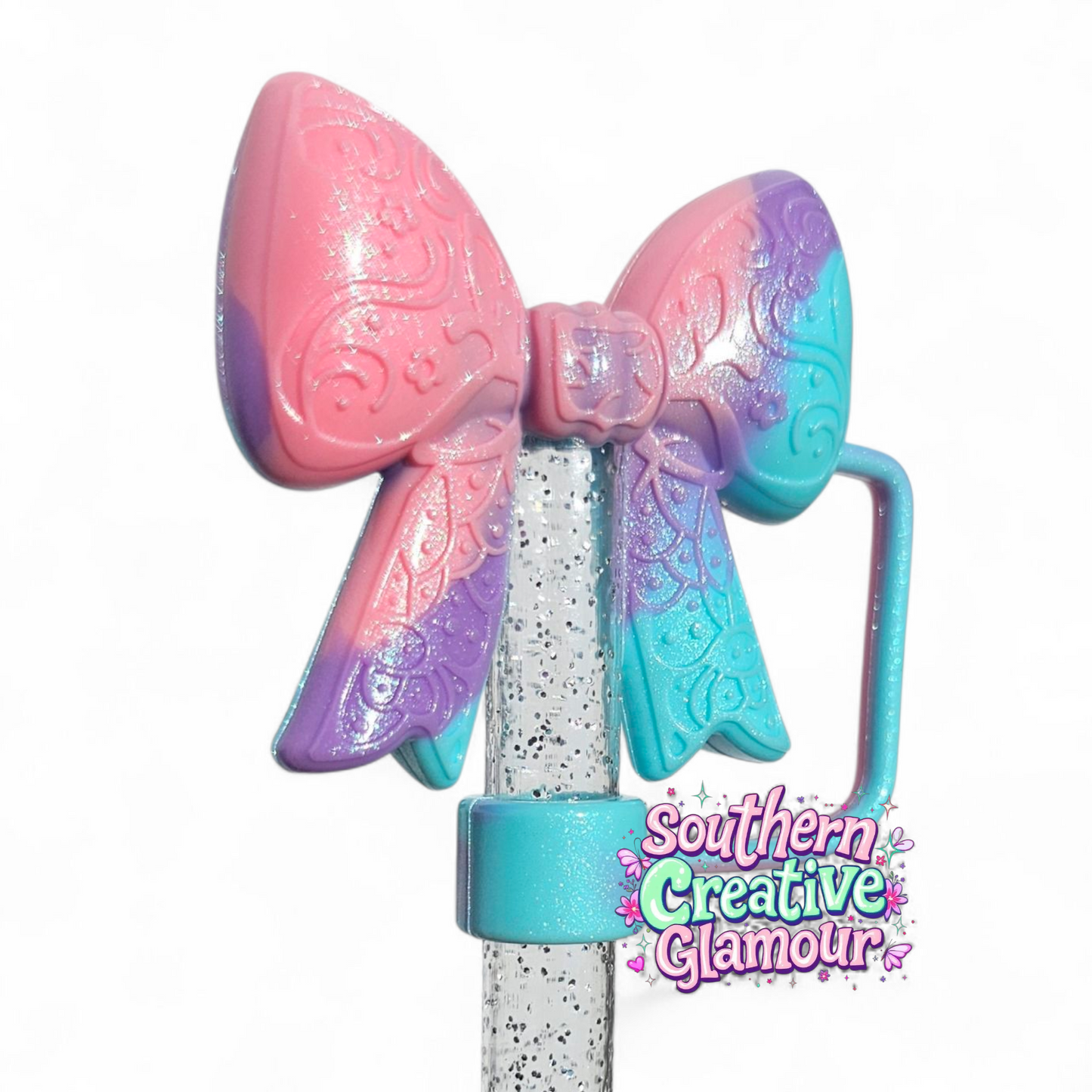 Pastel Swirl Shimmer Paisley 3D Bow Silicone 10mm Straw Topper | Straw Cover by Southern Creative Glamour 