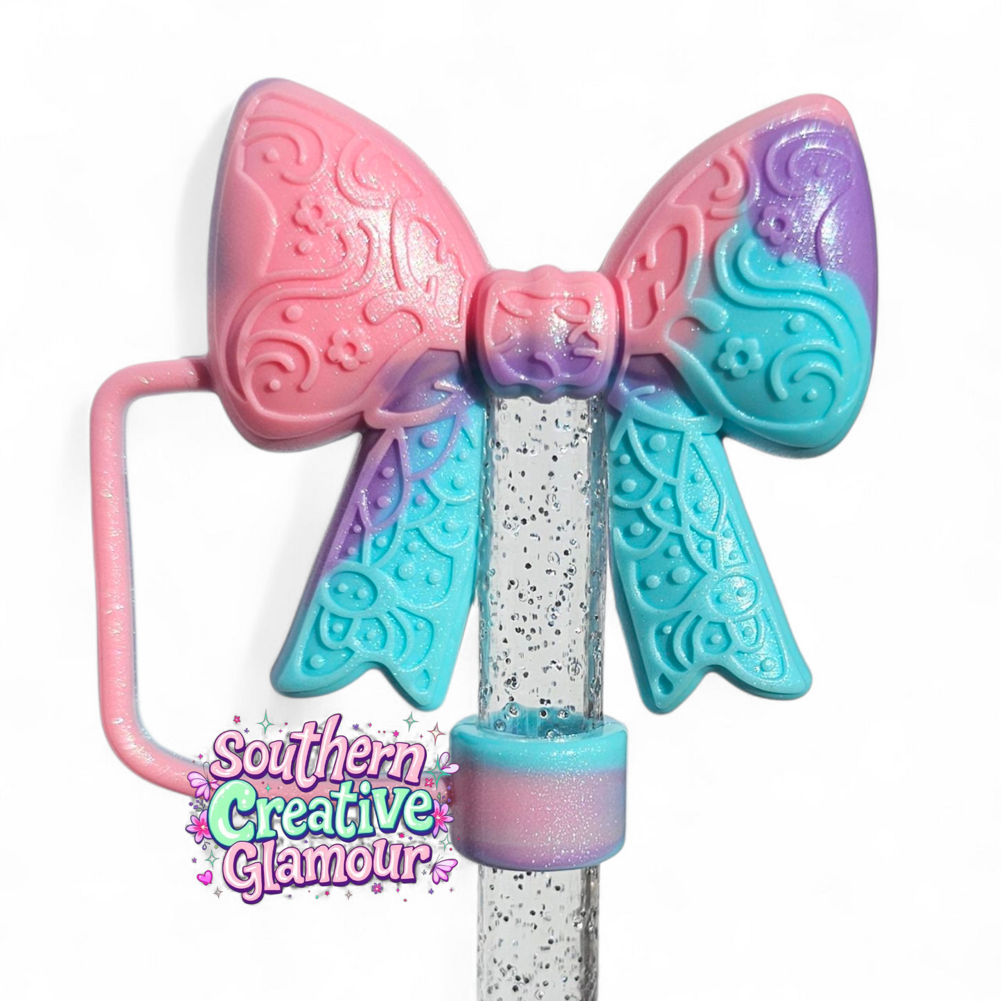 Pastel Swirl Shimmer Paisley 3D Bow Silicone 10mm Straw Topper | Straw Cover by Southern Creative Glamour 