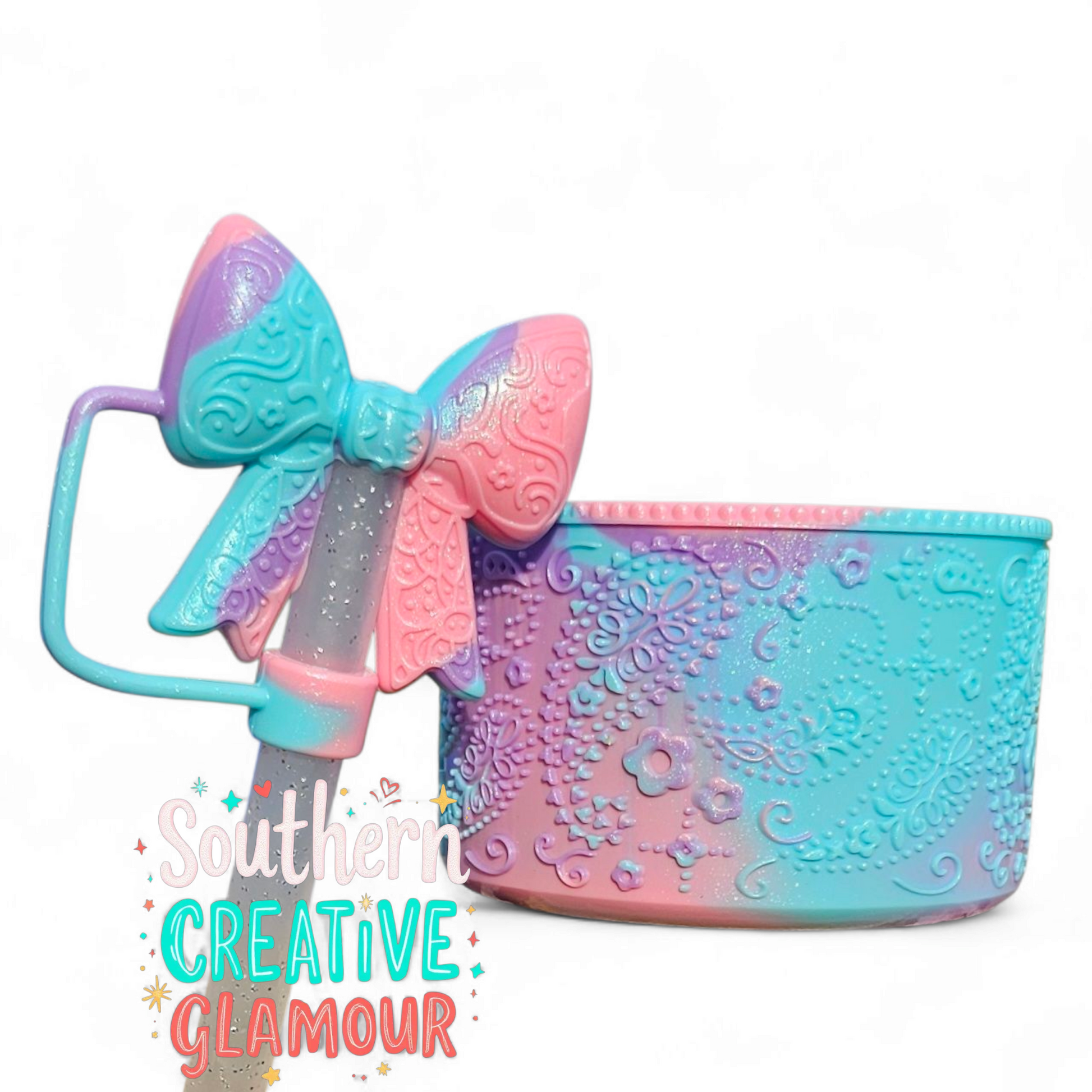 Pastel Swirl Shimmer 3D Pastel Bandana Tumbler Boot and 3D Bow Straw Topper by Southern Creative Glamour 