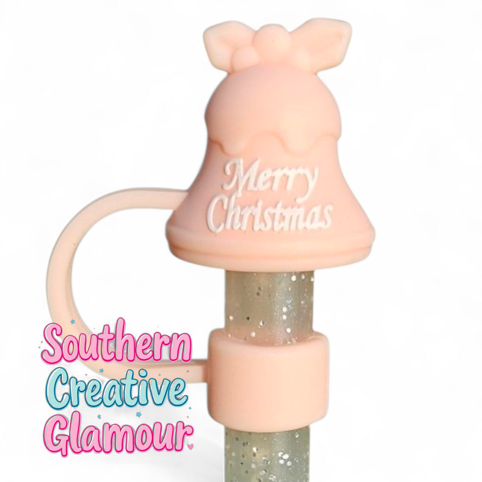 Peachy Pink Merry Christmas Jingle Bell 3D Silicone 10mm Straw Topper by Southern Creative Glamour 