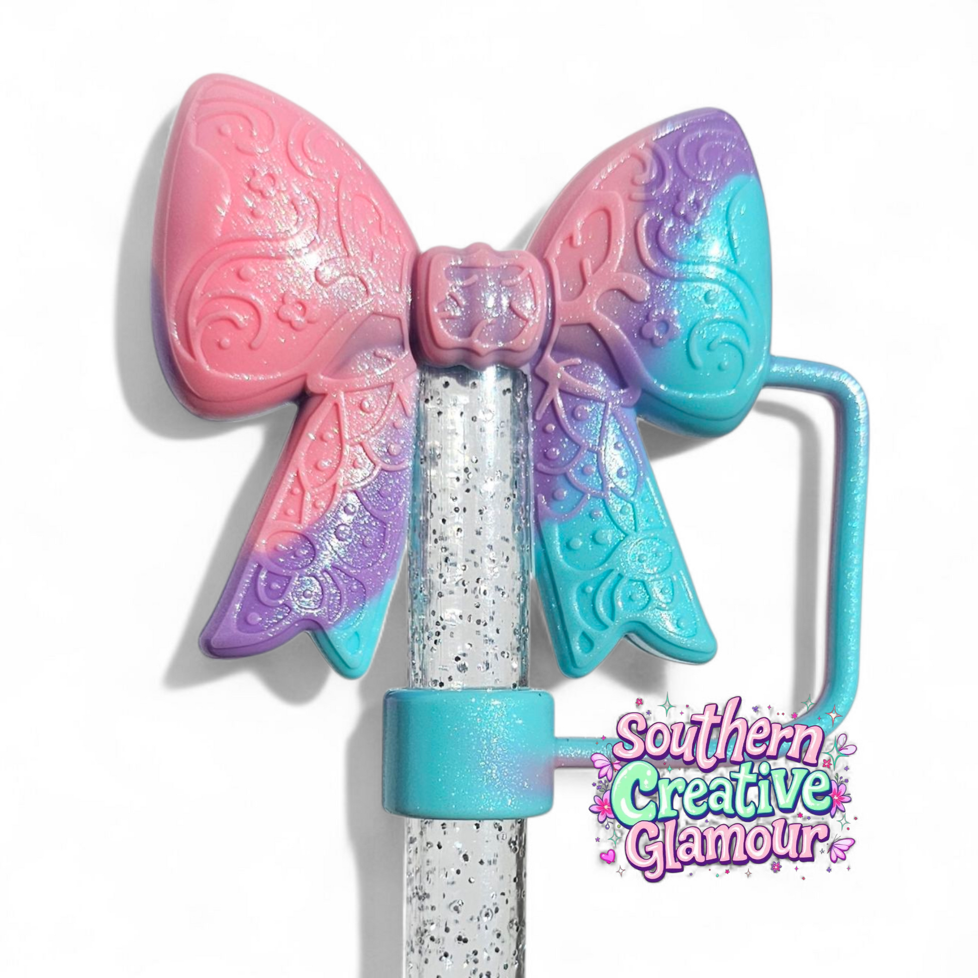 Pastel Swirl Shimmer Paisley 3D Bow Silicone 10mm Straw Topper | Straw Cover by Southern Creative Glamour 