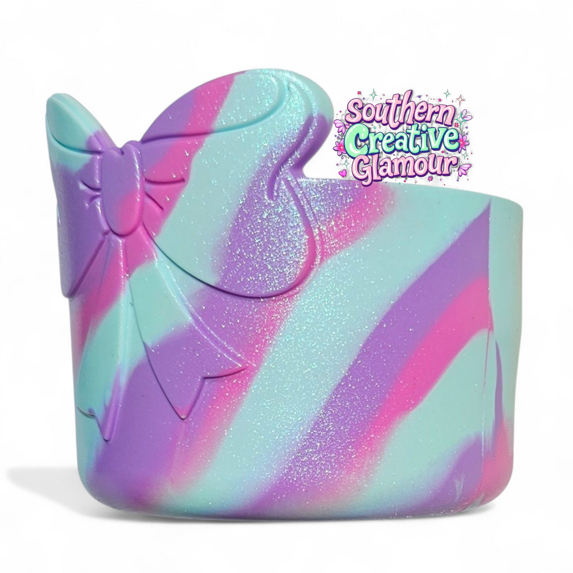 Pastel Swirl Shimmer 3D Bow Silicone Tumbler Boot | Tumbler Sleeve by Southern Creative Glamour 