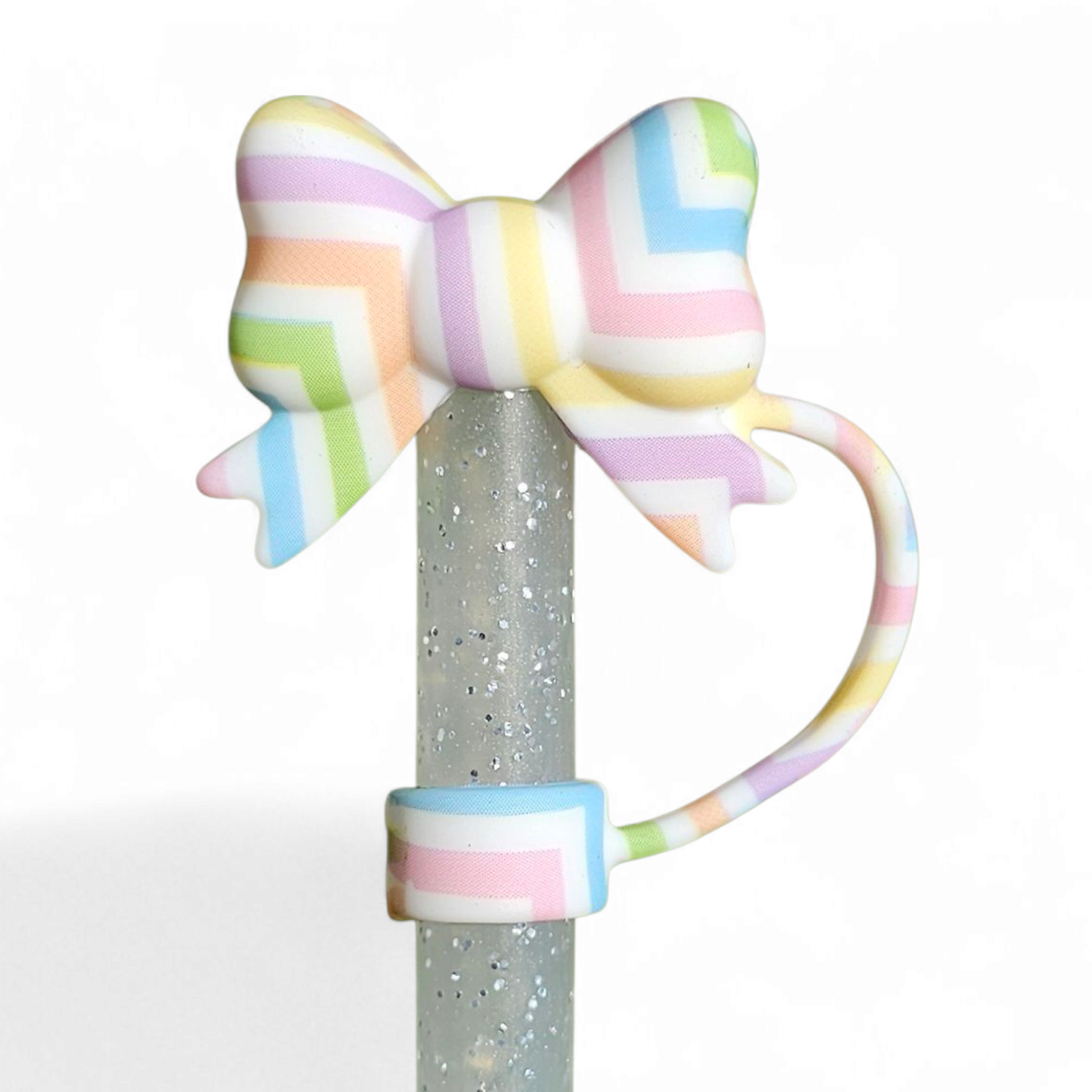 Pink, blue, purple, yellow, green stripe Bow 3D Silicone 10mm Straw Topper by Southern Creative Glamour 