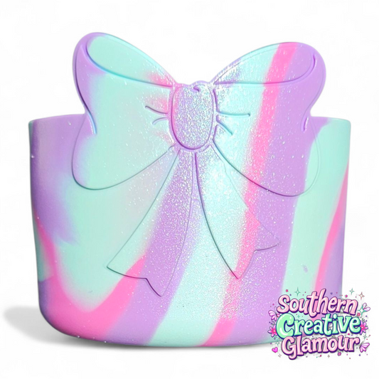Pastel Swirl Shimmer 3D Bow Silicone Tumbler Boot | Tumbler Sleeve by Southern Creative Glamour 