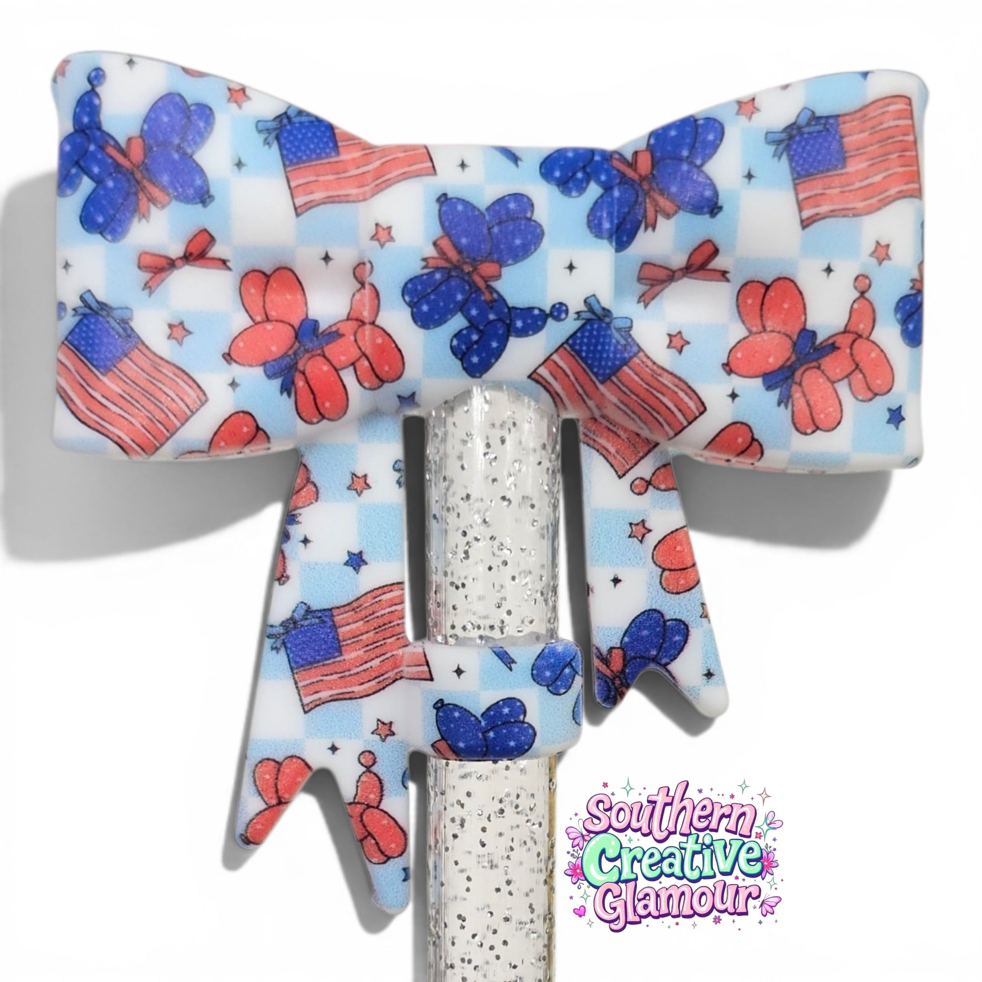 Patriotic balloon dog bow straw topper with American flags and red, white, and blue balloon dogs. Fits 10mm reusable straws for festive summer drinkware.