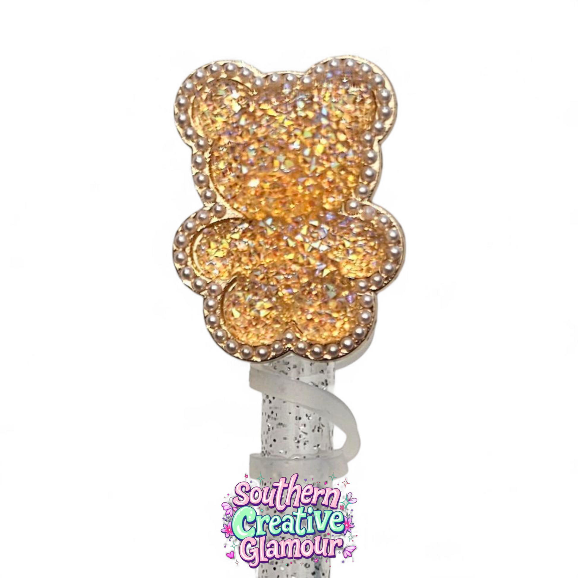 Peach Glitter Teddy Bear Straw Topper | 10mm Straw Cover