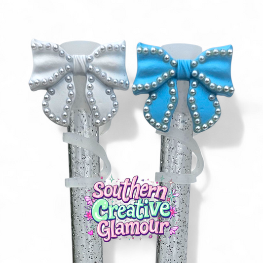 Beaded Pearl Bow Straw Toppers by Southern Creative Glamour 