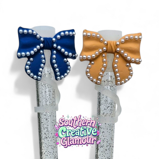 Beaded Pearl Bow Straw Toppers by Southern Creative Glamour 