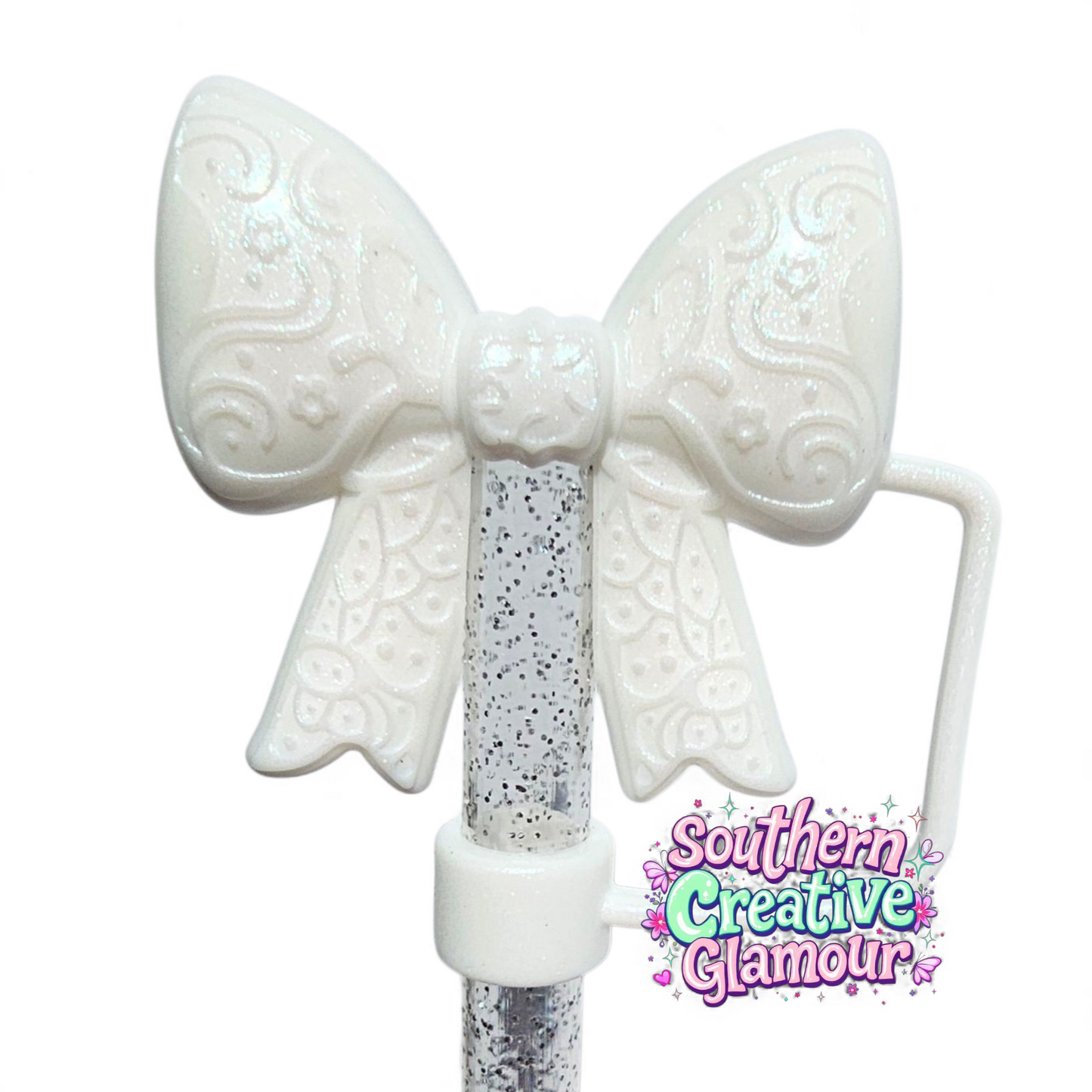 Pearl White Shimmer Paisley 3D Bow Silicone 10mm Straw Topper | Straw Cover by Southern Creative Glamour 