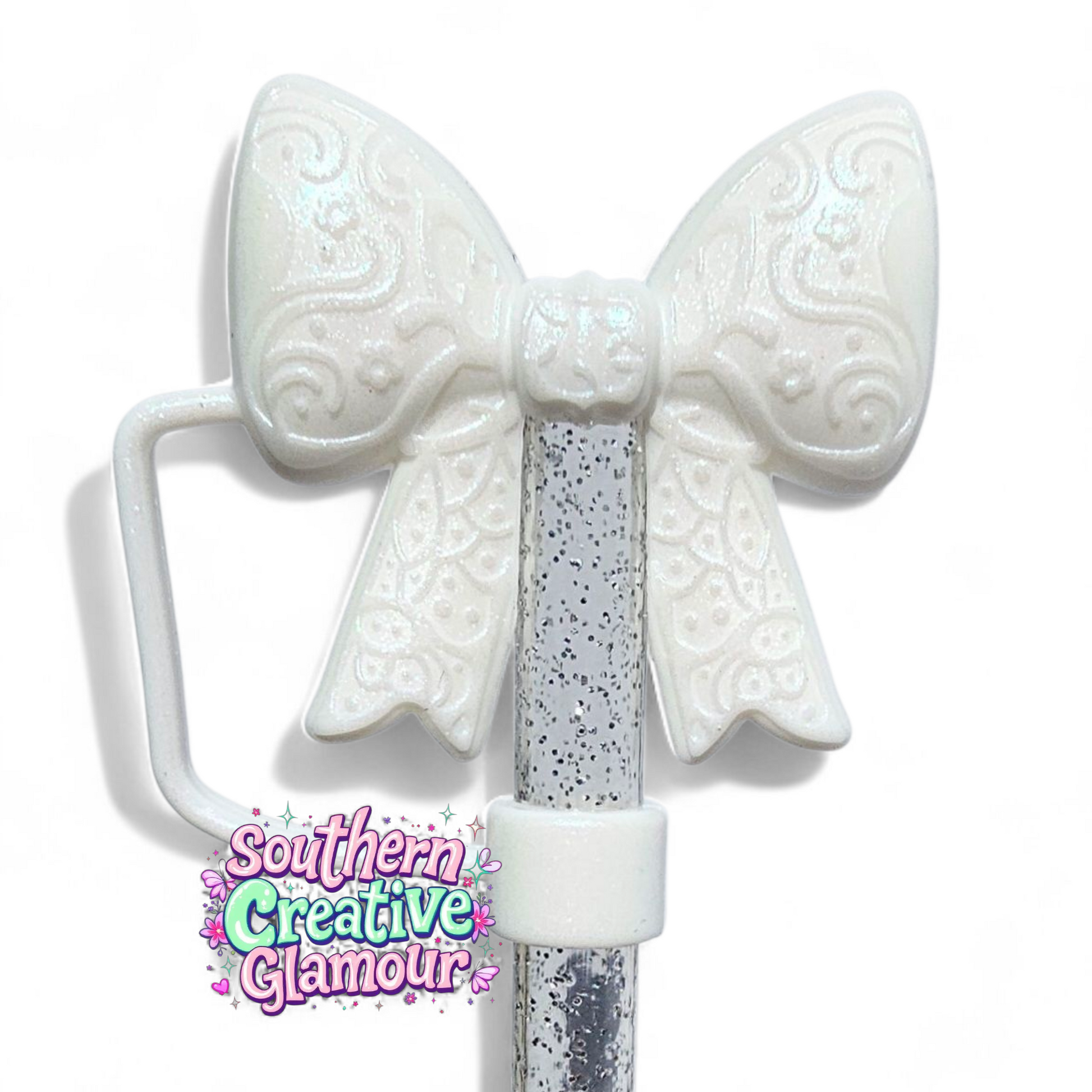 Pearl White Shimmer Paisley 3D Bow Silicone 10mm Straw Topper | Straw Cover by Southern Creative Glamour 
