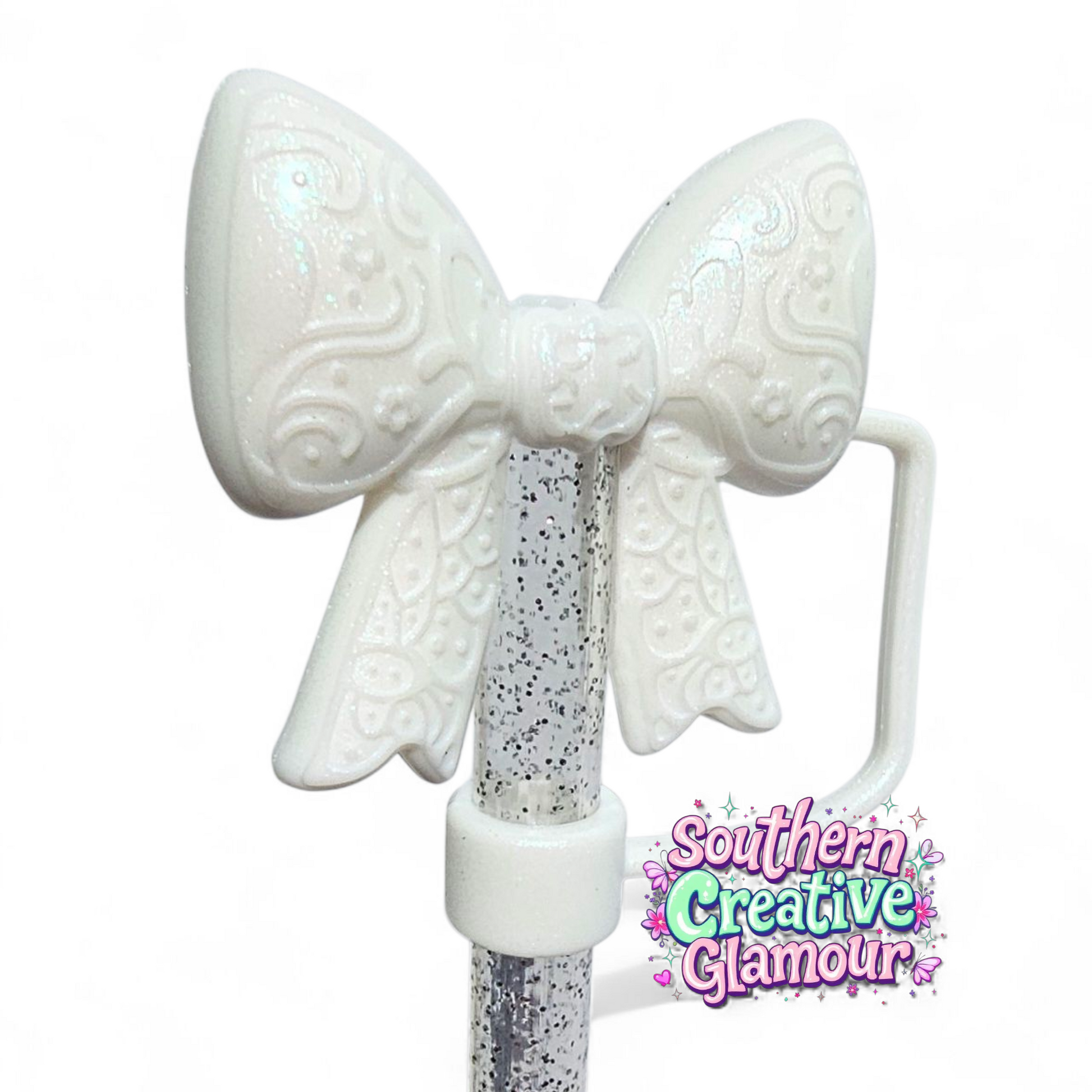 Pearl White Shimmer Paisley 3D Bow Silicone 10mm Straw Topper | Straw Cover by Southern Creative Glamour 