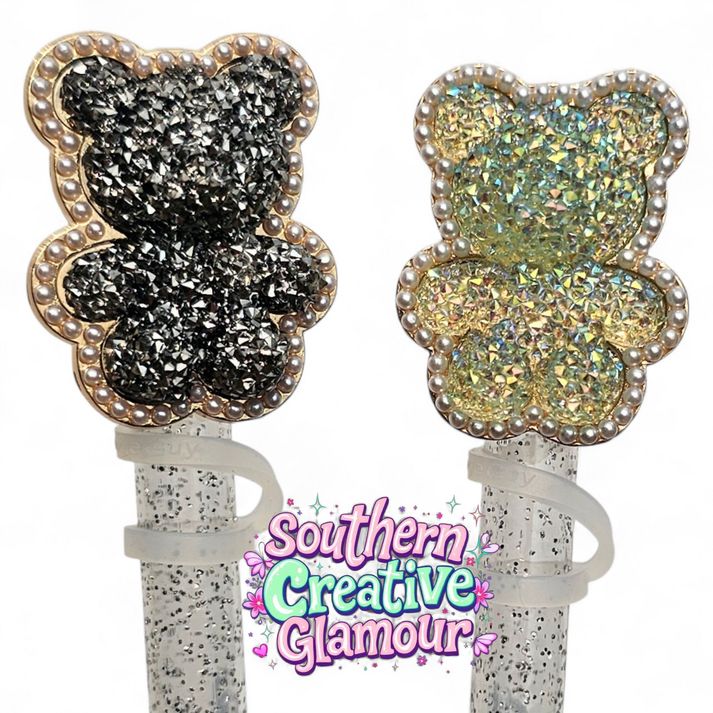 Champagne Aurora Glitter Teddy Bear & Black Glitter Teddy Bear 10mm Straw Toppers by Southern Creative Glamour 
