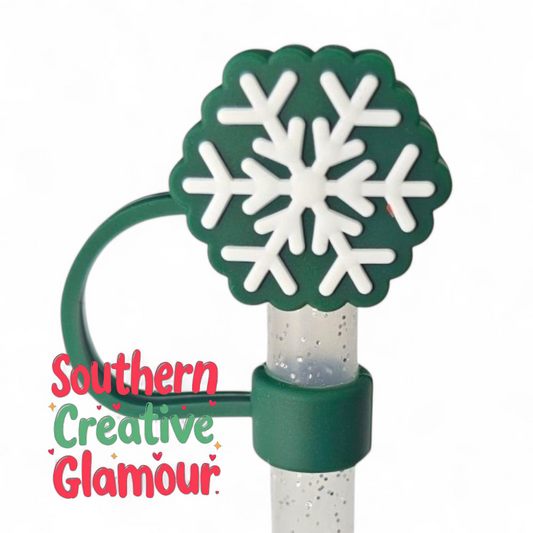 Pine Green Winter Snowflake Silicone 10mm Straw Topper by Southern Creative Glamour 