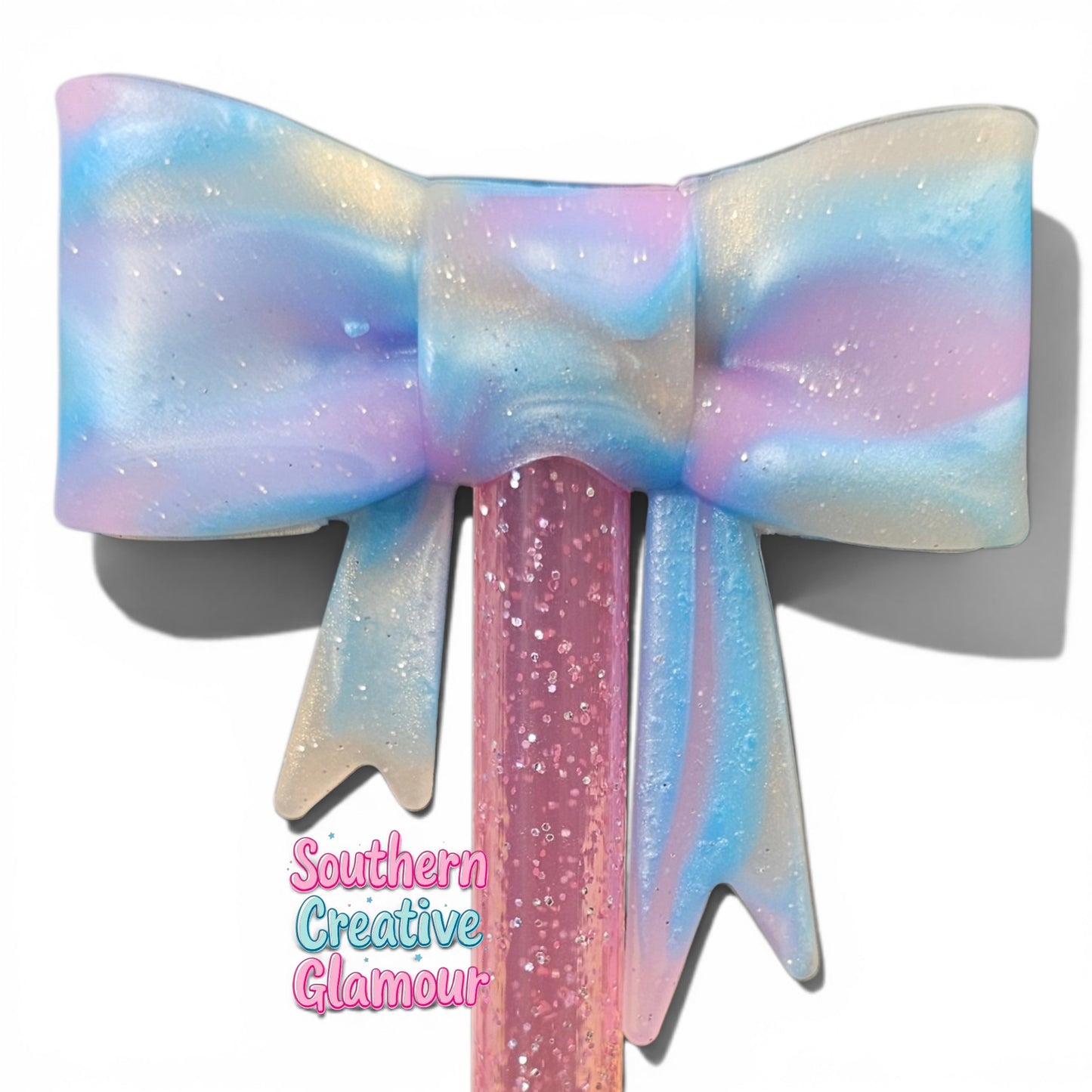 Pink, Blue, Tan Moon Swirl Glitter Bow Straw Topper | Fits 10mm Straws