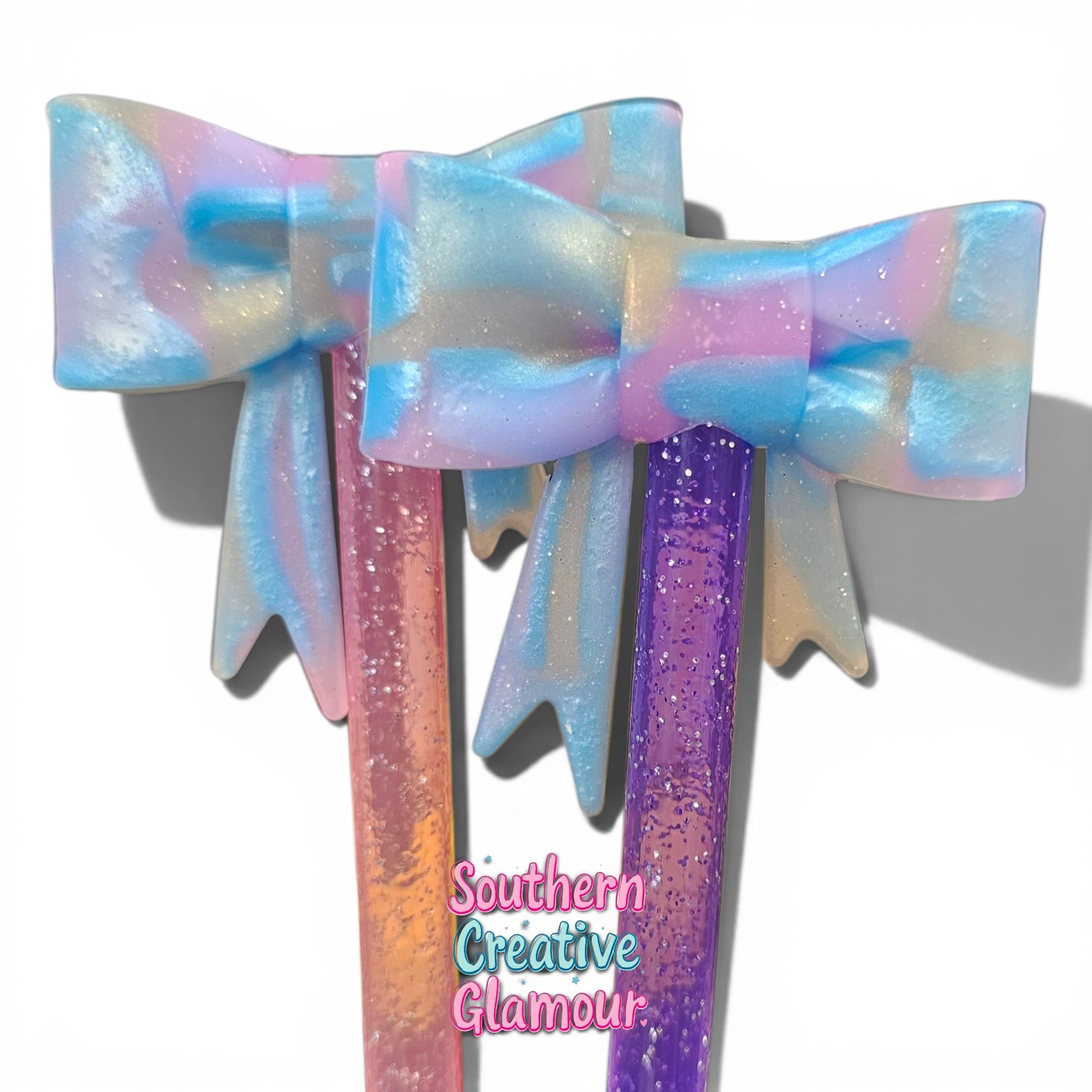 Pink, Blue, Tan Moon Swirl Glitter Bow Straw Topper | Fits 10mm Straws