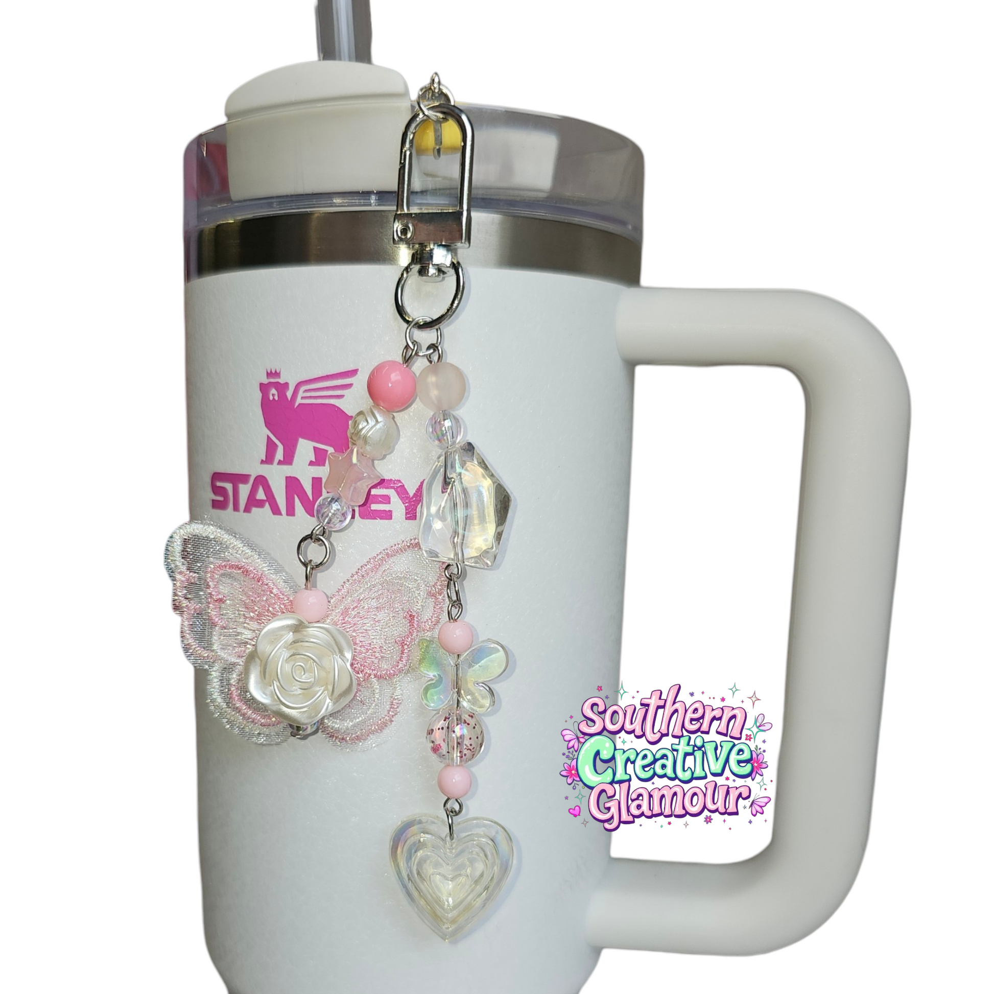 Pink Lace Butterfly Heart Tumbler Charm
