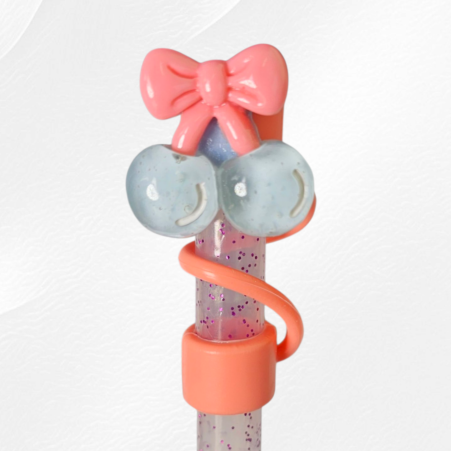 Pink cherries & bows silicone straw topper